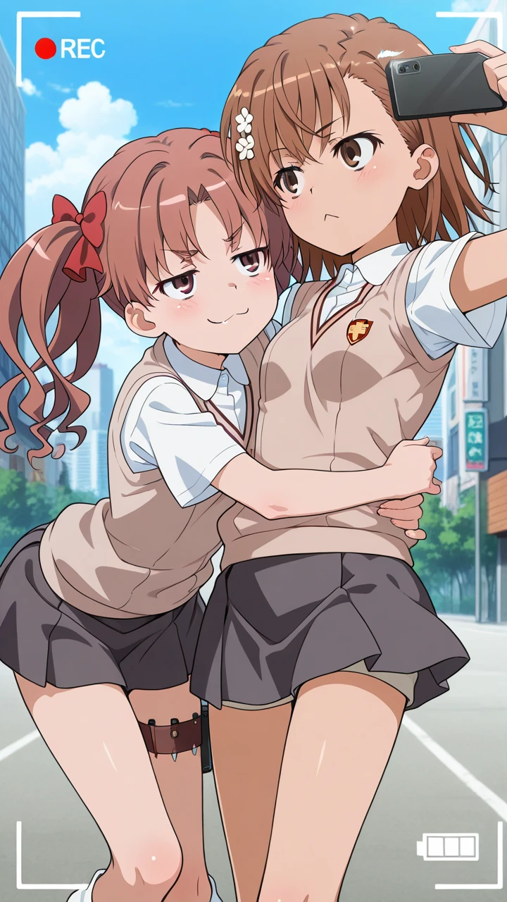 2girls, (misaka mikoto), outdoors, city, holding hangs, looking at another, smile, dynamic pose, yuri, jitome, smug, :<, vewfinder, selfie, taking picture, battery indicator, recording,, masterpiece, best quality, amazing quality, very aesthetic, absurdres, newest, anime screencap, <lora:shiraikurokoILM:1>, shirai kuroko, twintails, brown hair, red bow, hair bow, hair ribbon, long hair, wavy hair, brown eyes, tokiwadai school uniform, school emblem, summer uniform, sweater vest, brown sweater vest, collared shirt, white shirt, thigh strap, short sleeves, black skirt, miniskirt,