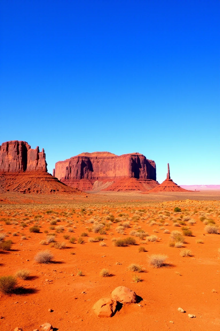 <lora:Monument_Valley:0.8> MonumentValley style.
Under a cloudless cobalt sky, the monumental sandstone buttes of Monument Valley rise from the scorched red earth like titanic relics of a primeval world, their vertical cliffs carved with aeons of erosion and burnished by the golden intensity of direct sunlight. The foreground stretches wide with sun-baked soil, sparse desert vegetation, and scattered rock fragments, gradually giving way to the iconic silhouettes of the Mittens–colossal in stature, perfectly isolated against the serene horizon. Captured with a balanced wide-angle perspective, the composition emphasizes both the spatial grandeur and isolation of the formations. Hyperrealistic textures highlight every crag, shadow, and grain of sand, blending naturalism with visual majesty. A complementary contrast between the warm terracotta landscape and the saturated blue sky infuses the scene with vivid clarity and timeless desert atmosphere.