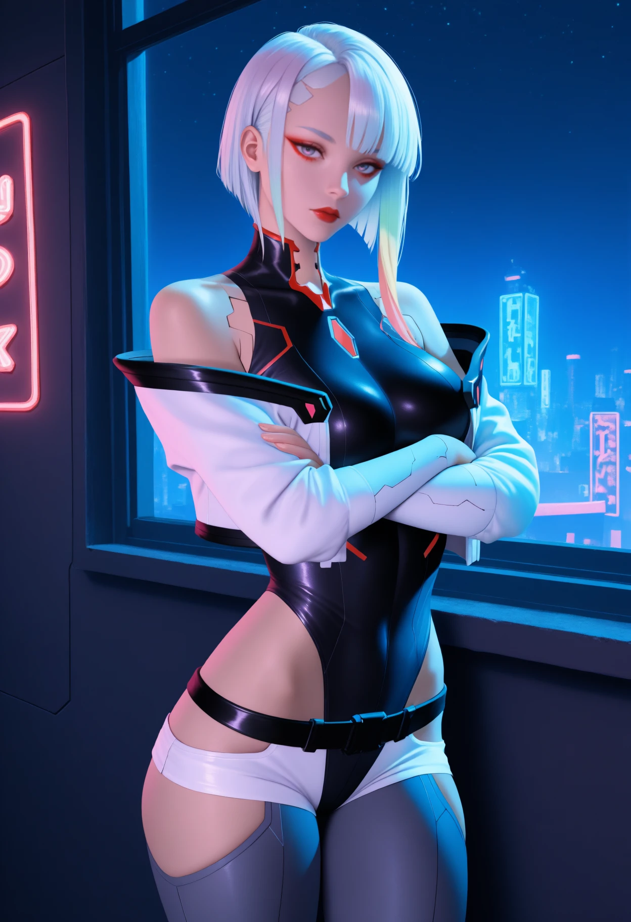 lucy \(cyberpunk\), 1girl, hair scrunchie, hime cut, silver hair, colored tips, full moon, grey eyes, jacket, long sleeves, looking at viewer, medium hair, multicolored hair, parted bangs, parted lips, pink hair, portrait, red eyeliner, red lips, solo, white jacket, cyberpunk \(series\), rainy night in a cyberpunk city with glowing neon lights