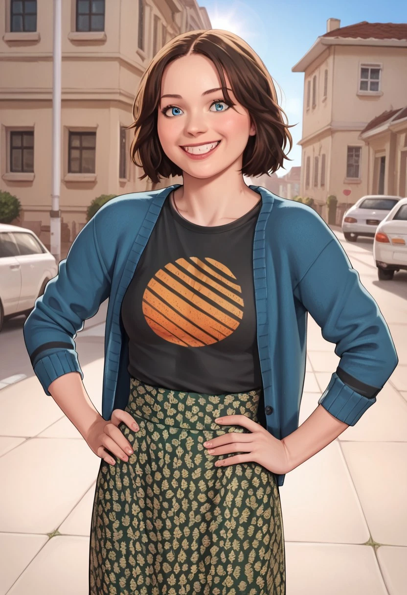 score_9, score_8_up, score_7_up,, source_anime, cute, NatalieAMCM, 1girl, short hair, wavy hair, shoulder-length hair, brown hair, blue eyes, cardigan, blue cardigan, striped sleeves, t-shirt, black shirt, printed shirt, orange print, sun symbol, sun print, long skirt, floral skirt, green skirt, high-waist skirt, ((solo)),, OutSide, hand on hip, smile, closed mouth