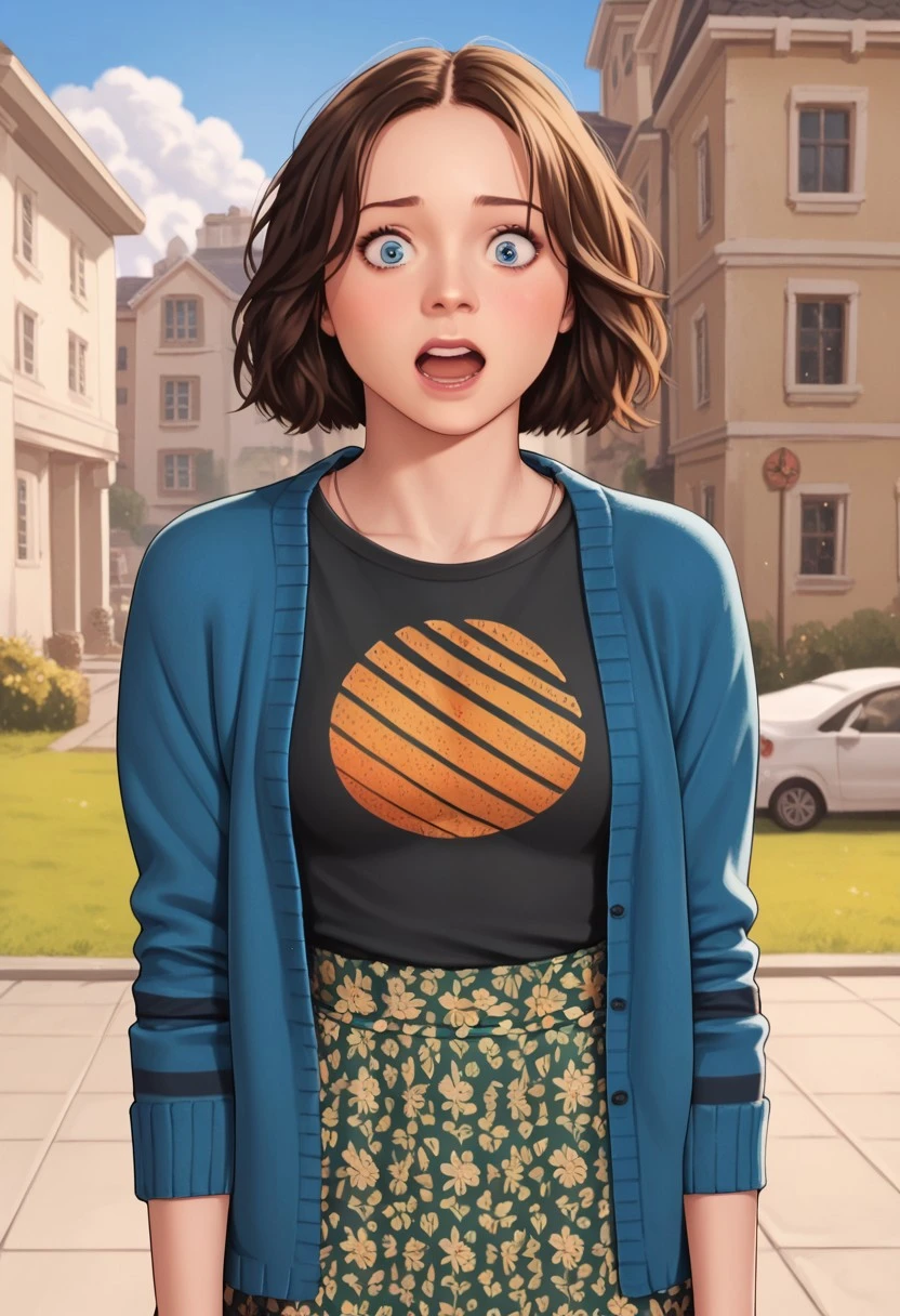 score_9, score_8_up, score_7_up,, source_anime, cute, NatalieAMCM, 1girl, short hair, wavy hair, shoulder-length hair, brown hair, blue eyes, cardigan, blue cardigan, striped sleeves, t-shirt, black shirt, printed shirt, orange print, sun symbol, sun print, long skirt, floral skirt, green skirt, high-waist skirt, ((solo)),, OutSide, Shocked, closed mouth, night