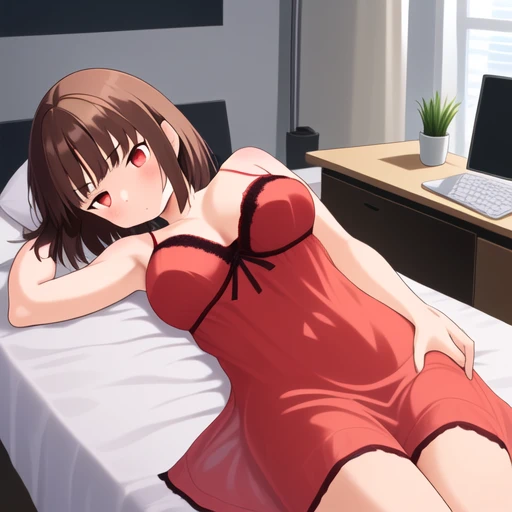 Topless girl in red and white striped panties and white thigh high, solo, brown short hair, brown eyes, topless, hand cuff, bondage, restrained hand, hand behind head, laying on bed, in dark futuristic room with neon lighting and bed, night time, aroused face, blushing