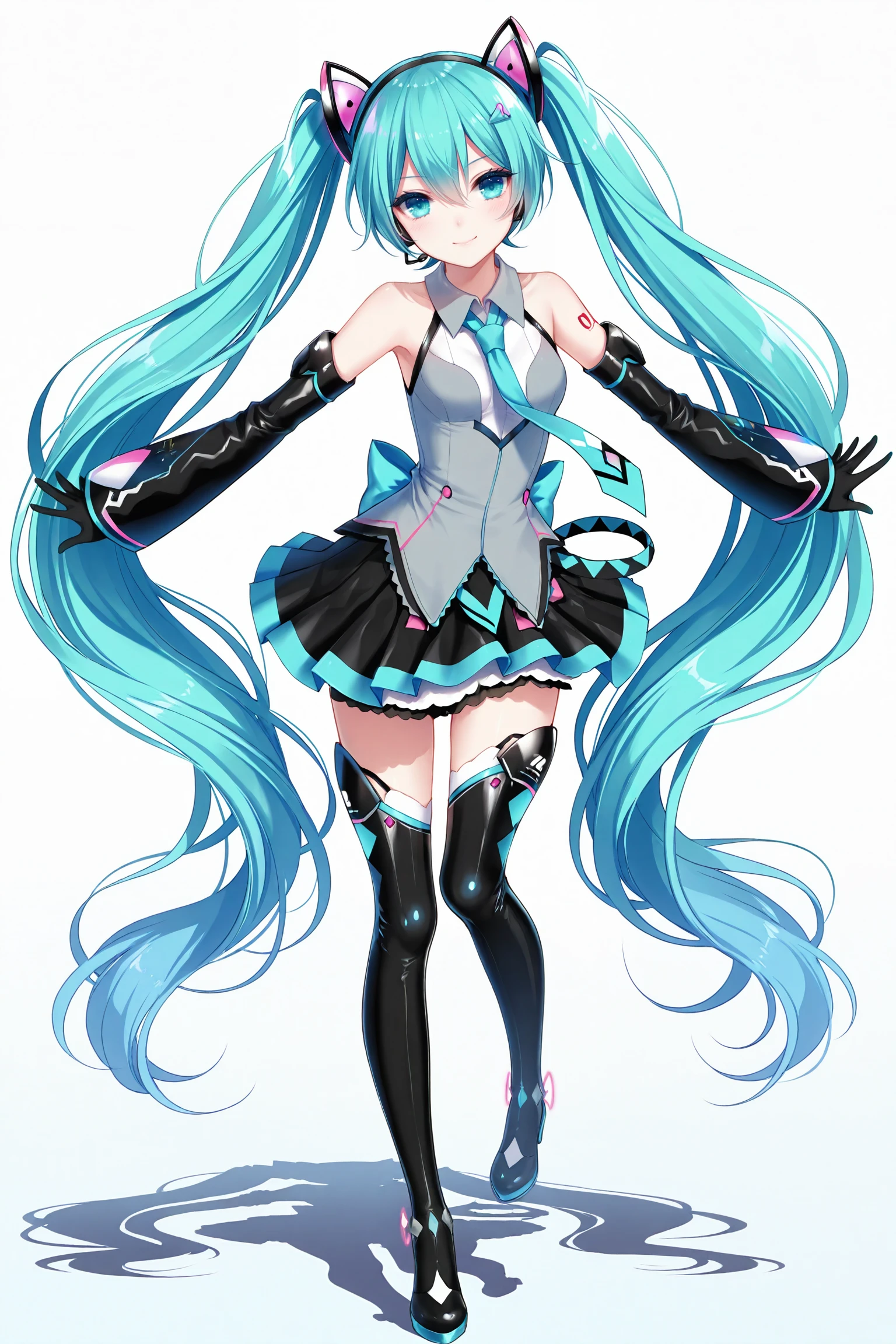 Hatsune Miku, 1girl, :d, aqua hair, blue eyes, bow, detached sleeves, elbow gloves, floating hair, full body, gloves, gradient hair, hair bow, hair ornament, holding, long hair, looking at viewer, multicolored hair, open mouth, simple background, single thighhigh, skirt, smile, solo, thighhighs, twintails, very long hair, white background, <lora:MikuV2:1>