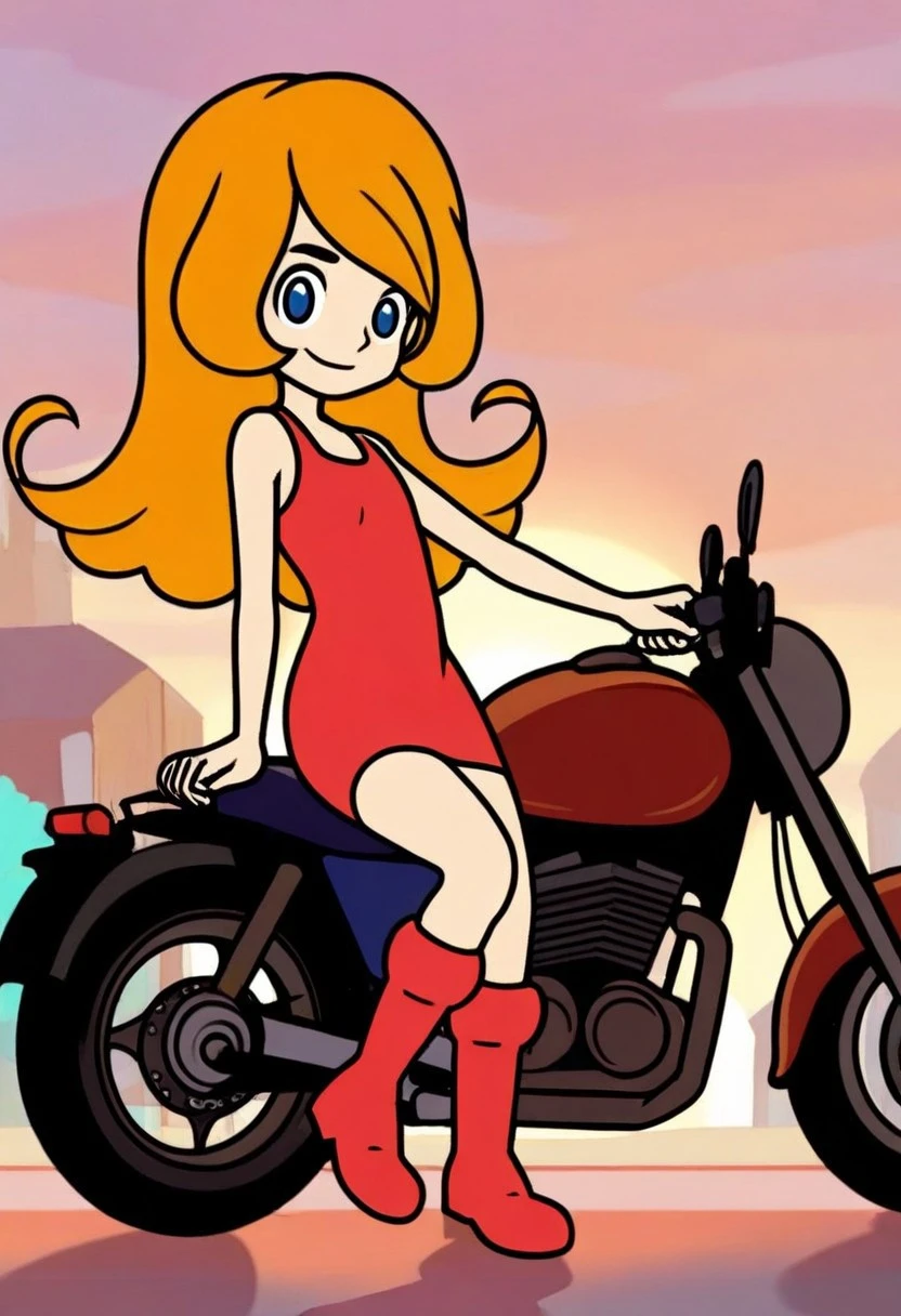 Candace, red sleeveless shirt, skirtless, riding a motorcycle, white panties with red hearts, heart print panties, legs, white shoes, red socks, sunglasses, rear view, big butt, else half closed, head turned to viewer, looking at viewer, 2D cartoon, frilly panties