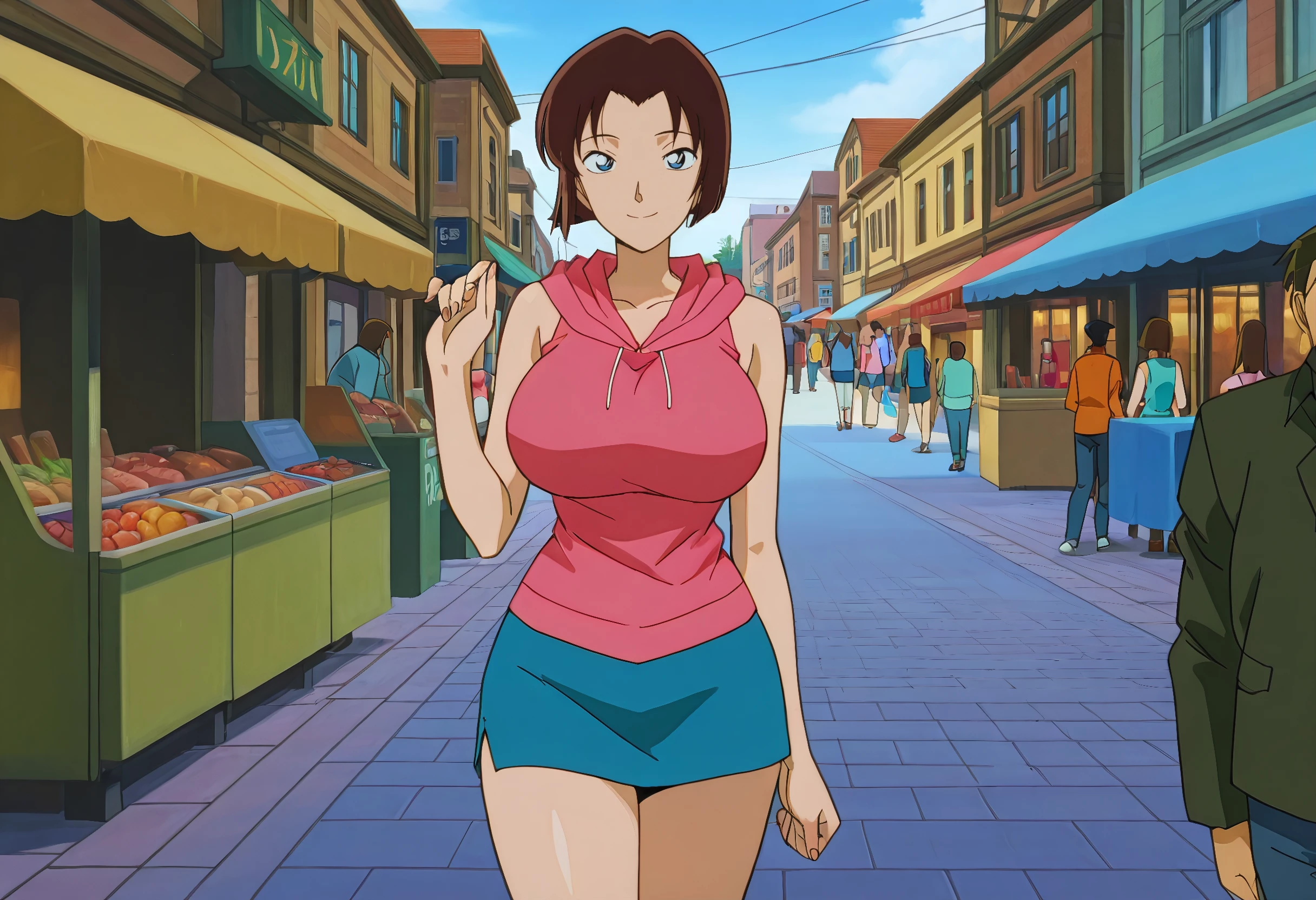 Highest quality, 1peopleの女の子, (skeindentation), (Huge breasts:1.2), (blur bacけground:0.6), (street:1.2), (people々, crowd:1), garden, Day, Outdoor, (Casual yet stylish, Elegant fabric, high necけ dress:1.5), nice, (bangs, short hair:1.5), (Floating Hair:1.2), (Dynamic pose:1.2), Soft lighting, Wind, (Front light:1.5), makeeup,