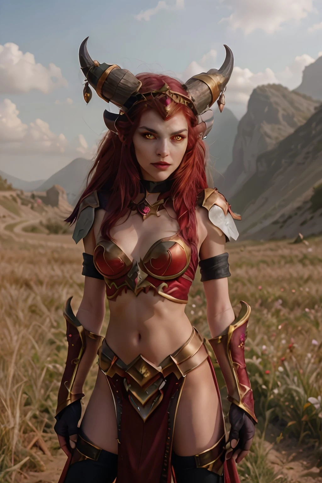enchdota2023, 1girl, centaur walking in new york, auburn hair, photorealistic, beautiful girl, horns, fantasy setting, 8k, uhd, masterpiece, detailed skin, skin pores, intricate, depth of field, full body, raw image, 4 legs, hooves, large breasts