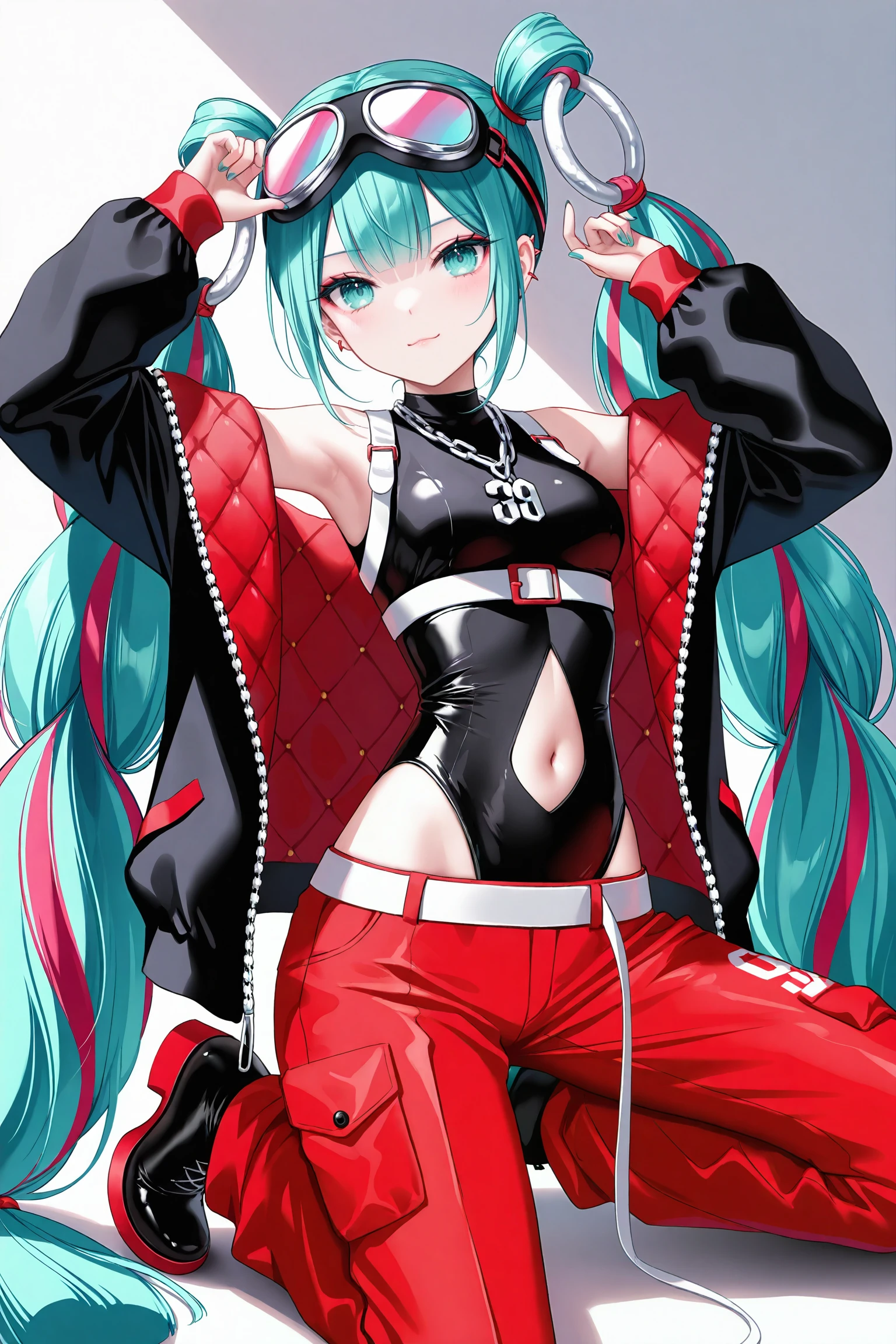hatsune miku wearing red and black leggings and a red and black hoodie with a red hammer and sickle printed on the chest, cameltoe,
