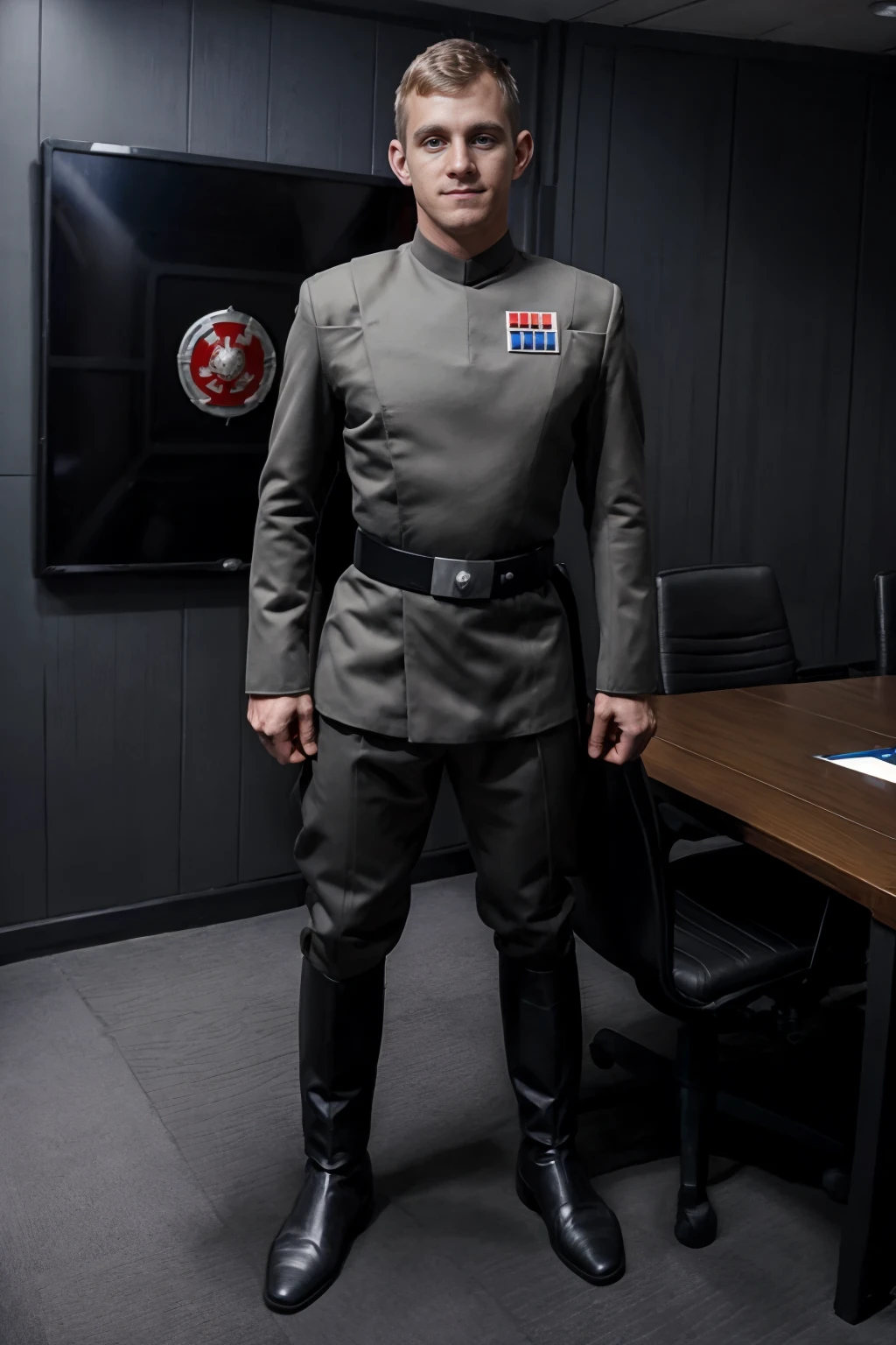 young man with a beard in imperialofficer uniform is giving a salute <lora:impofficerv01:1>,hat, RAW photo,buttonles tunic with chest overlap, 8k uhd, dslr, soft lighting, high quality, film grain, Fujifilm XT3