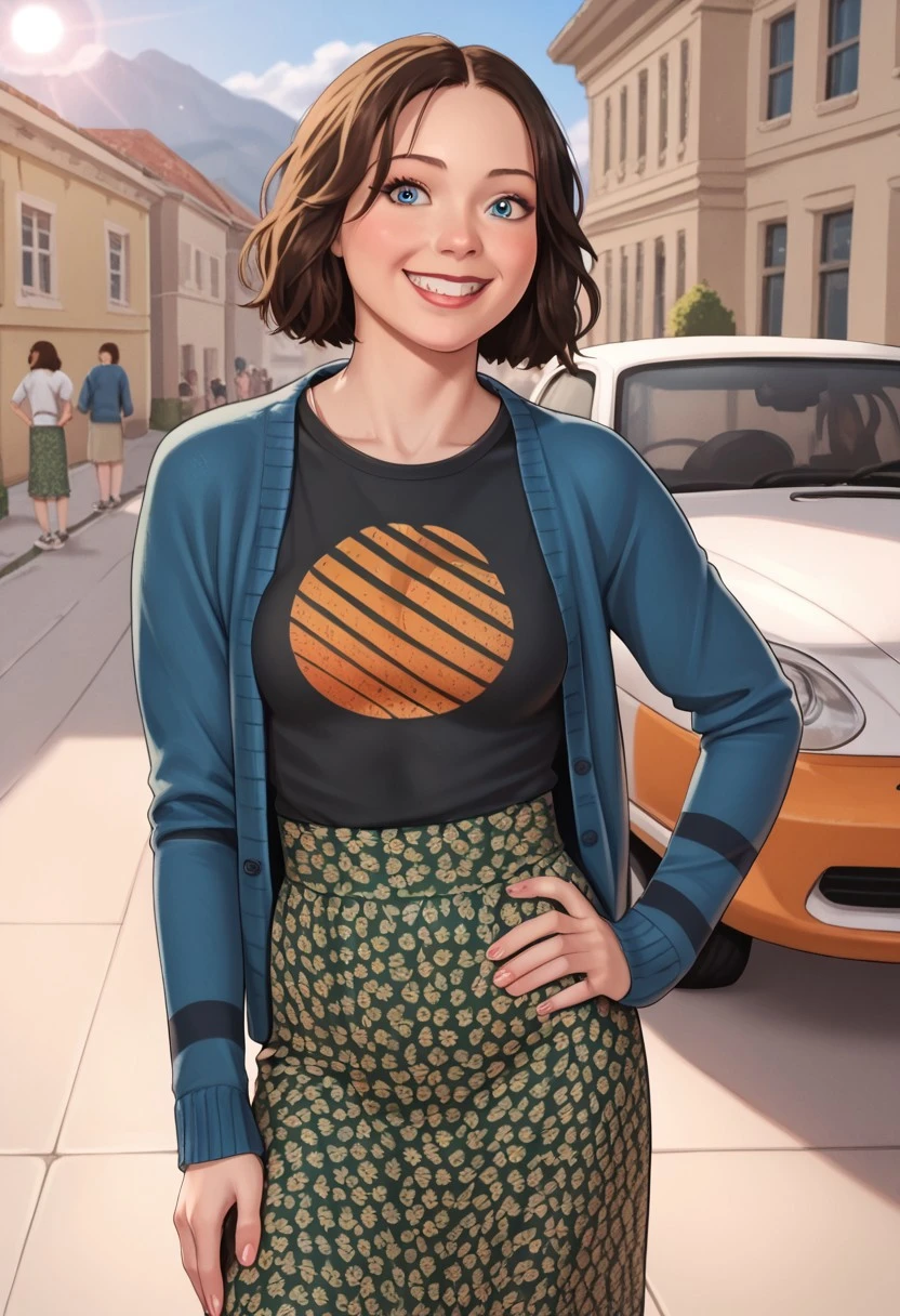 score_9, score_8_up, score_7_up,, source_anime, cute, NatalieAMCM, 1girl, short hair, wavy hair, shoulder-length hair, brown hair, blue eyes, cardigan, blue cardigan, striped sleeves, t-shirt, black shirt, printed shirt, orange print, sun symbol, sun print, long skirt, floral skirt, green skirt, high-waist skirt, ((solo)),, OutSide, hand on hip, smile, closed mouth