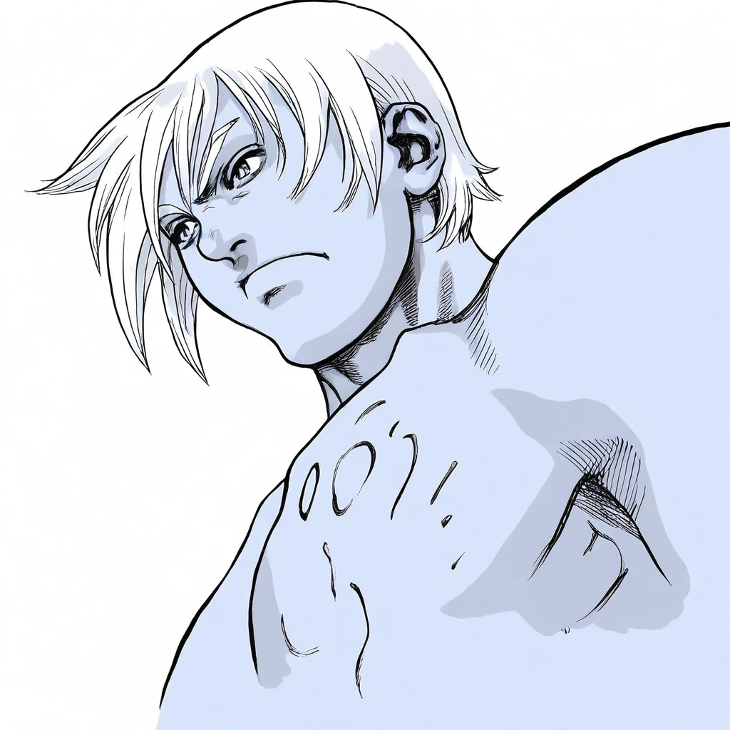t0f, colored pencil drawing of a man, muscular male, silver hair