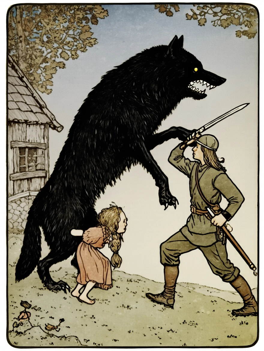 John Bauer style. Black wolf attacking a family. A soldier defends the family and fights the wolf. Background is an old cottage.