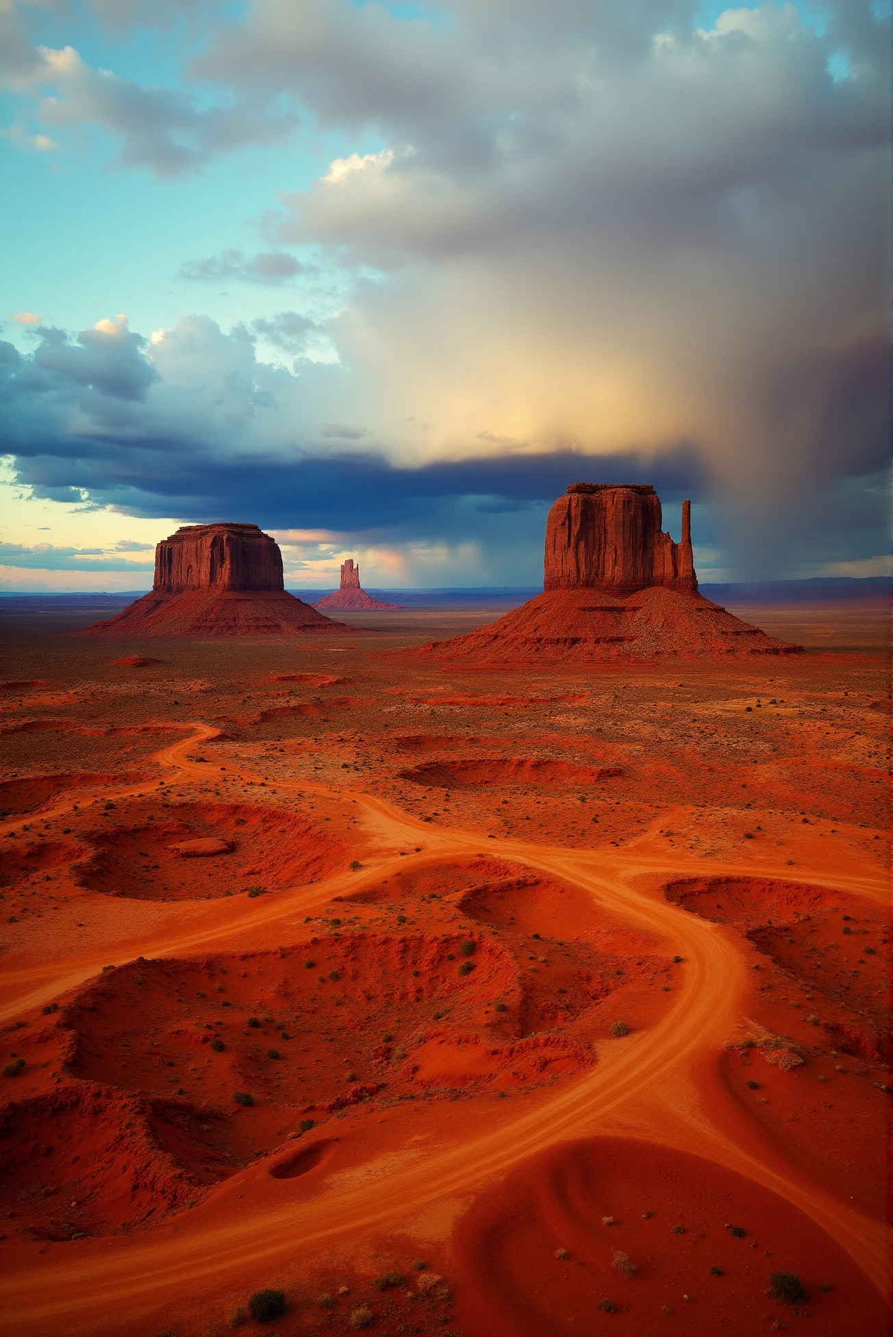 <lora:Monument_Valley:0.8> MonumentValley style.
A sweeping panorama of Monument Valley unfolds beneath a dynamic sky, where titanic sandstone buttes rise like ancient sentinels from the rust-red earth, each formation etched with eons of erosion and lit by the golden kiss of late sunlight; storm clouds gather in the distance, their pale underbellies softly diffusing ambient light across the rugged plateau. The terrain ripples with arid textures—cracked clay, wind-swept dunes, and sparse desert brush—interwoven with meandering dust roads that snake toward the towering monoliths. Captured from a wide-angle aerial view, the composition emphasizes the scale of the buttes against the endless desert floor, combining hyperrealistic geological detailing with vivid natural color gradients. The scene balances deep shadow and intense highlights, enhanced by a warm-to-cool chromatic shift from the glowing foreground to the moody, blue-gray cloudbank—imbuing the landscape with timeless drama and cinematic grandeur.