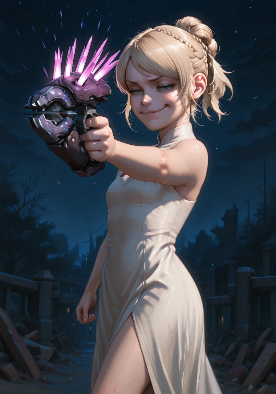1Child, Lilie the protagonist with white hair, red eyes, from "Ender Lilies" wearing her signature white tunic with intricate lace détails, holding a mysticall sword adoned with ancient runes. The background shows a hauntingly beatiful, decaying kingdom with misty ruins and ethereal spirirs floatiog around her, crationg a sense of melancholy and mystery.