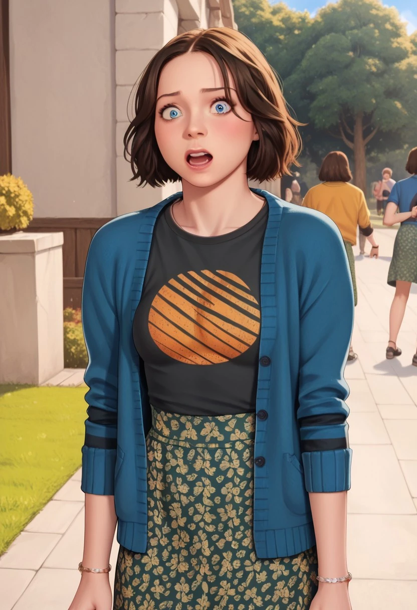 score_9, score_8_up, score_7_up,, source_anime, cute, NatalieAMCM, 1girl, short hair, wavy hair, shoulder-length hair, brown hair, blue eyes, cardigan, blue cardigan, striped sleeves, t-shirt, black shirt, printed shirt, orange print, sun symbol, sun print, long skirt, floral skirt, green skirt, high-waist skirt, ((solo)),, OutSide, Shocked, closed mouth, night