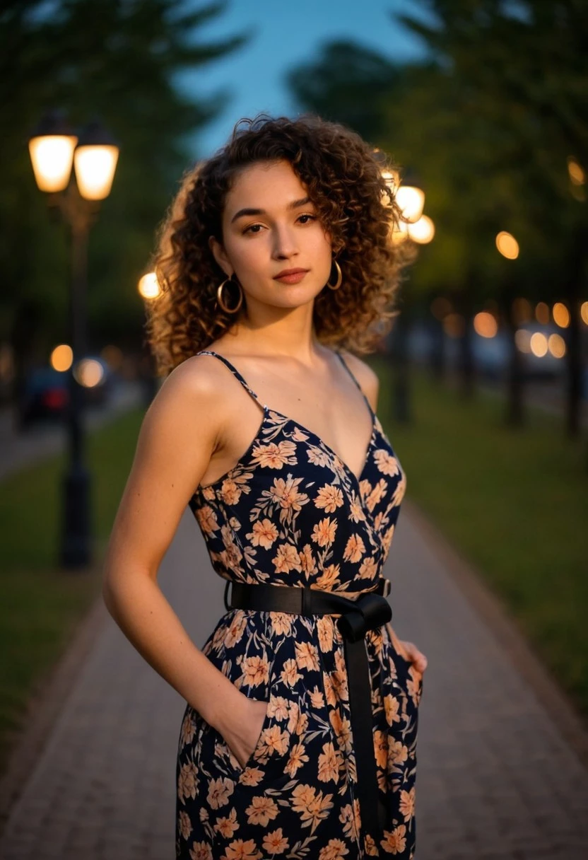 Midshot, woman, dusk setting, outdoor, floral dress, black belt, standing, bokeh background, street lights, tree-lined pathway, medium shot, contemplative expression, curly hair, natural makeup, hoop earrings, hand in pocket, warm color tone, blurred background, shallow depth of field, fashionable attire, young adult, dusk lighting