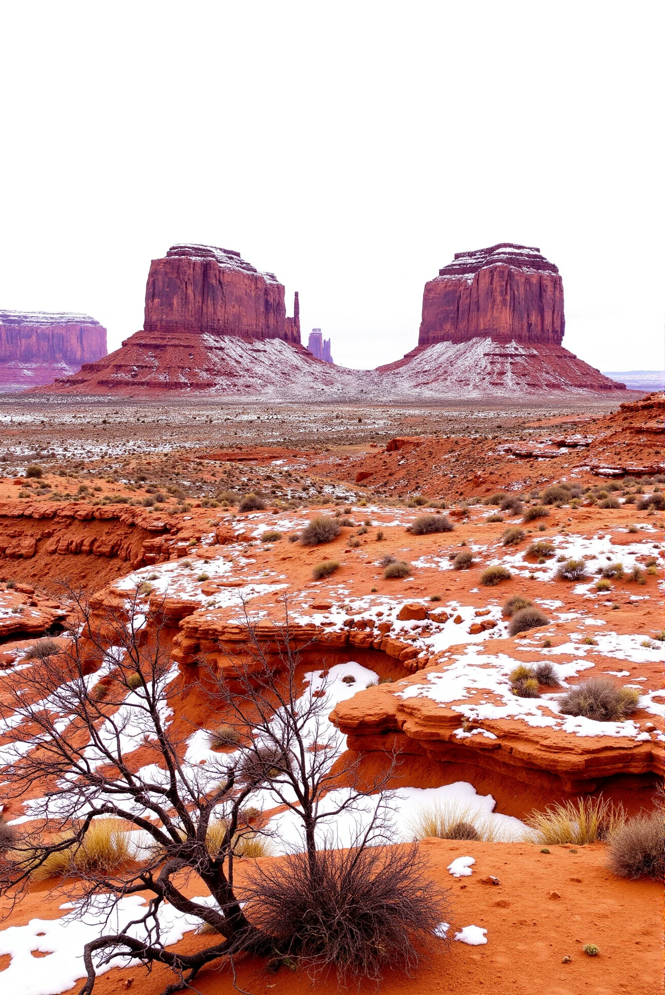 <lora:Monument_Valley:0.8> MonumentValley style.
A vast desert-scape dusted with patches of snow stretches toward a horizon dominated by towering, flat-topped buttes and jagged crimson mesas, their sunlit cliffs streaked with icy white like ancient sentinels cloaked in winter armor. The rugged terrain ripples with deep crevices and undulating plateaus, scattered with gnarled shrubs and dry, leafless branches etched in sharp relief against the terracotta earth. Light from the pale sky casts a diffused, wintry glow over the scene, blending the cool whites of melting snow with the searing reds of the sandstone, creating a vivid natural contrast. Captured in high-fidelity detail from a grounded, wide-angle perspective, the composition emphasizes both the vastness of the environment and the solemn stillness of the high desert in winter. The image fuses the raw drama of Monument Valley's geology with an unexpectedly serene seasonal overlay, showcasing nature's scale and silence in perfect equilibrium.