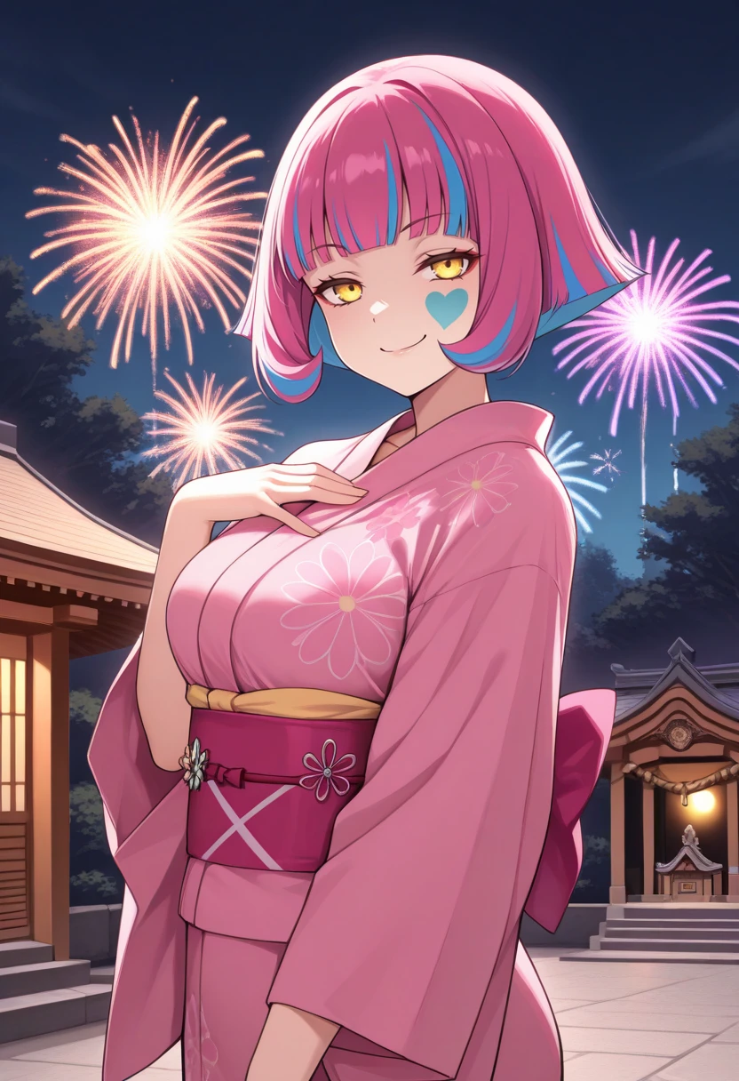 (Best Quality, 4K, 8K, hight resolution, masutepiece:1.2), Pink Hair、short braided hair。her breasts are beautiful and big。Wearing Yukata、Do fireworks。