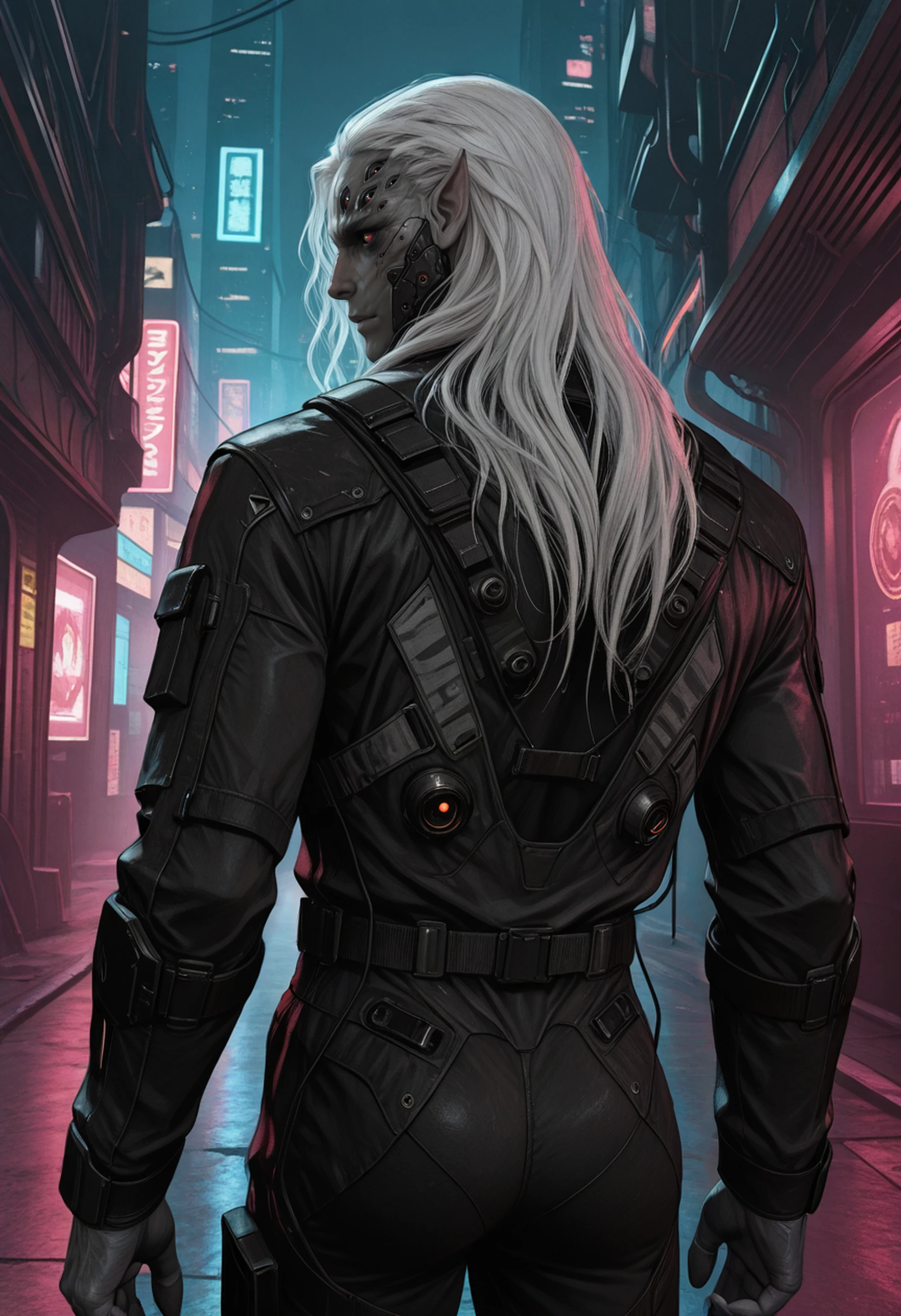 masterpiece, best quality, absurdres, highres, newest,
<lora:ILBGKarniss:1.0>
BGKarniss, 1boy, male focus, pointy ears, white hair, long hair, extra eyes, gray skin, looking at viewer, from behind, techwear outfit, neon-lit alley, cyberpunk city, dramatic lighting