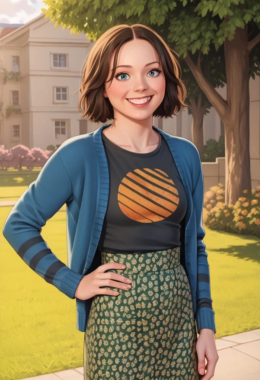 score_9, score_8_up, score_7_up,, source_anime, cute, NatalieAMCM, 1girl, short hair, wavy hair, shoulder-length hair, brown hair, blue eyes, cardigan, blue cardigan, striped sleeves, t-shirt, black shirt, printed shirt, orange print, sun symbol, sun print, long skirt, floral skirt, green skirt, high-waist skirt, ((solo)),, OutSide, hand on hip, smile, closed mouth