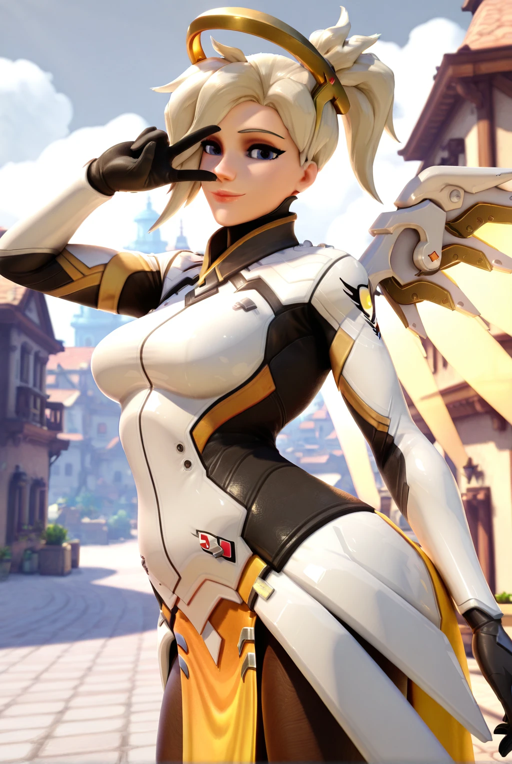 Masterpiece, Best Quality, (Realistic), Corneo_mercy, Spray, Strappy, Choker, Curvy, PAWG, Hips, Push-ups, Chunky Heeled Boots, Makeup, Low Lighting, Stairs
