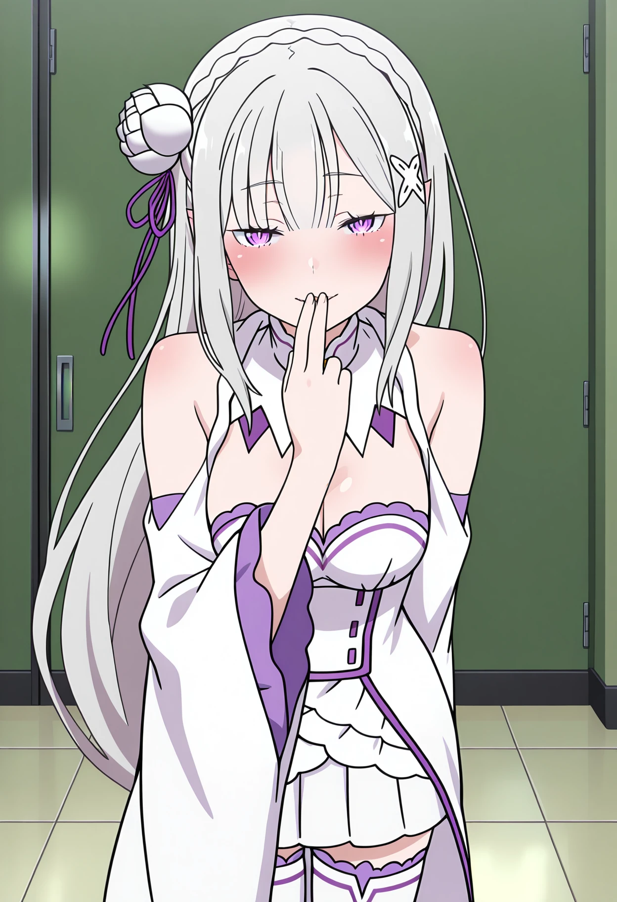 masterpiece, best quality, high resolution, source_anime, highly detailed illustration, detailed eyes,
very aesthetic, absurdres, newest, amazing quality,
1girl, solo, anime screencap, anime screencap,
<lora:shiEmiliaV12ill:1>, shimilia, long hair, grey hair, purple eyes, pointy ears, crown braid, hair flower, hair ribbon, purple ribbon, x hair ornament, white dress, cleavage, bare shoulders, wide sleeves, white thighhighs, thigh boots,
<lora:shiSeduciveFingerV1ill:1.0> shisedupose, fingers to lips,
looking at viewer, half-closed eyes, blush, seductive smile, smile