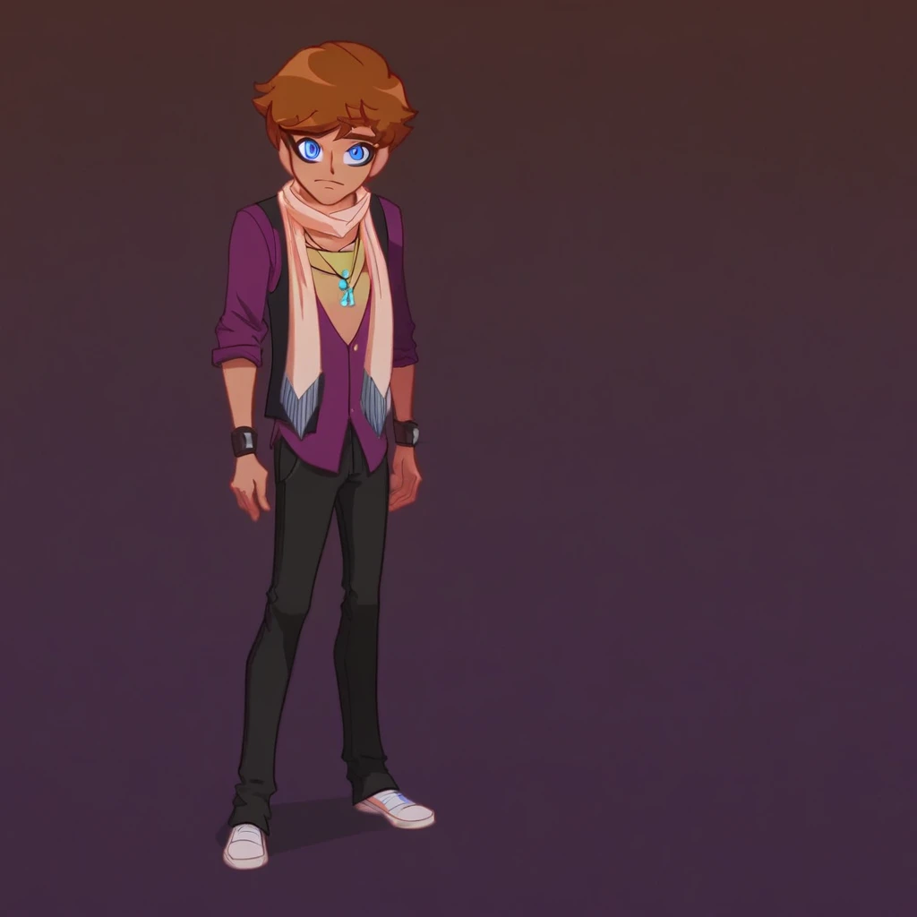 Zach, solo, brown hair, blue eyes, 1boy, male focus, short hair, blue eyes, jewelry, necklace, pants, vest, purple shirt, scarf, score_9, score_8_up, score_7_up, score_6_up <lora:vinceteaa_020_04v2-step00000400r:1> good face, good eyes, looking at viewer, full body,