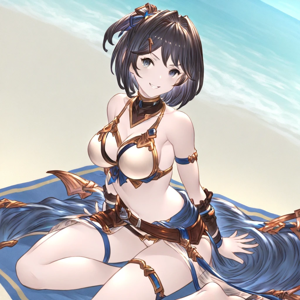 (masterpiece, best quality, intricate details, ultra details, ultra quality, highres, best shadow, best illumination, 4k)Penthesilea, short hair, small breasts, flat chested, yellow eyes, white bra, underboob, body shot, angry, long black gloves, black tiny hotpants, purple knee-socks, ((muscular:1)), six-pack, beach background, warm lighting, (colorful:1.1)