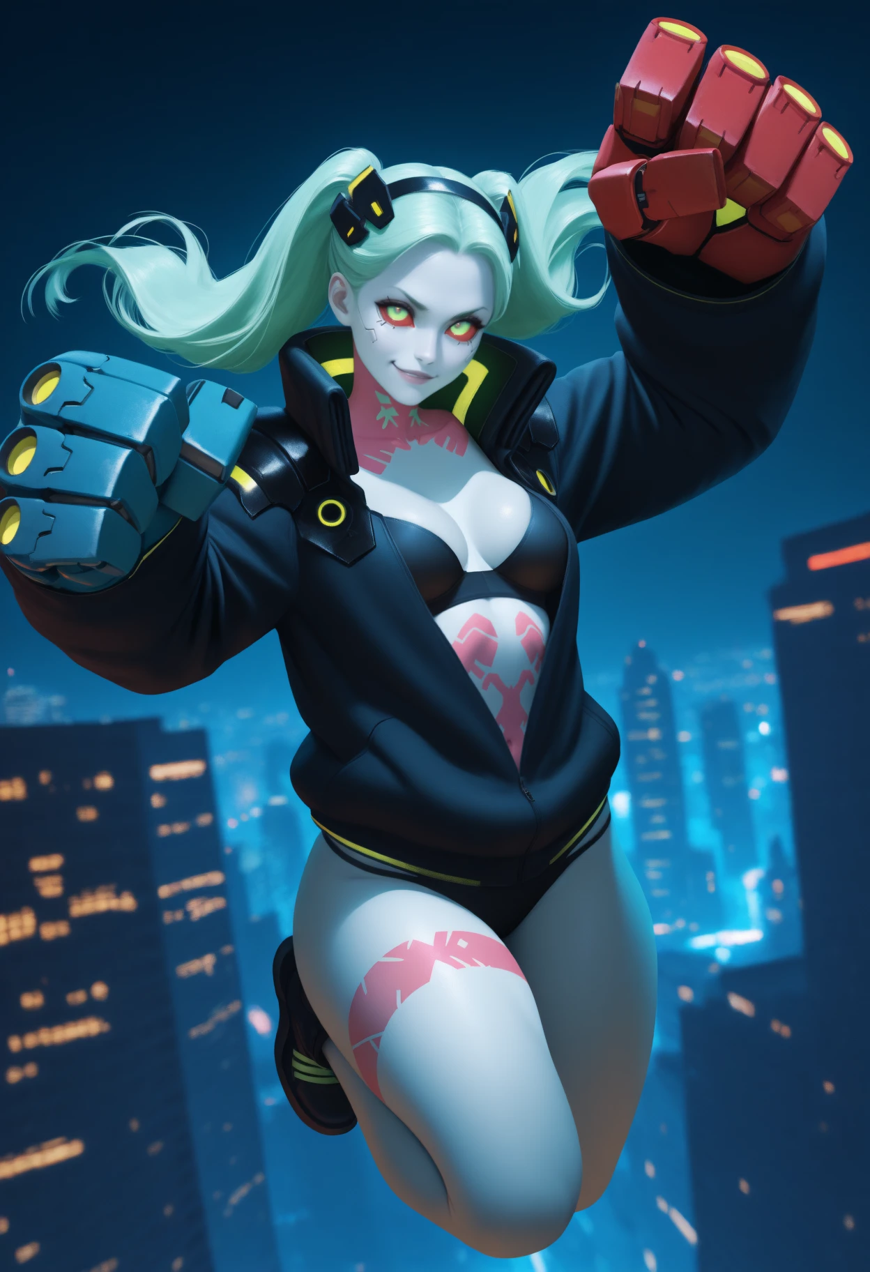 work of art, best qualityer, ultra detali, illustration, epic lighting, film composition, 1 girl, cute, red sclera,red pupils, cyborg, tatoo, hair green, colored fur, breasts small, Black jacke, standing, legs spread apart, lovely gaze, captivating pose, trunk:1.1, gazing at viewer, pretentious smile, cloused mouth, plein-air, citys, cyber punk, neon lights, Street, (natta, tenebrosa, tenebrosaness, tenebrosa como breu, eyeshadows:1.4), (8K:1.1),  