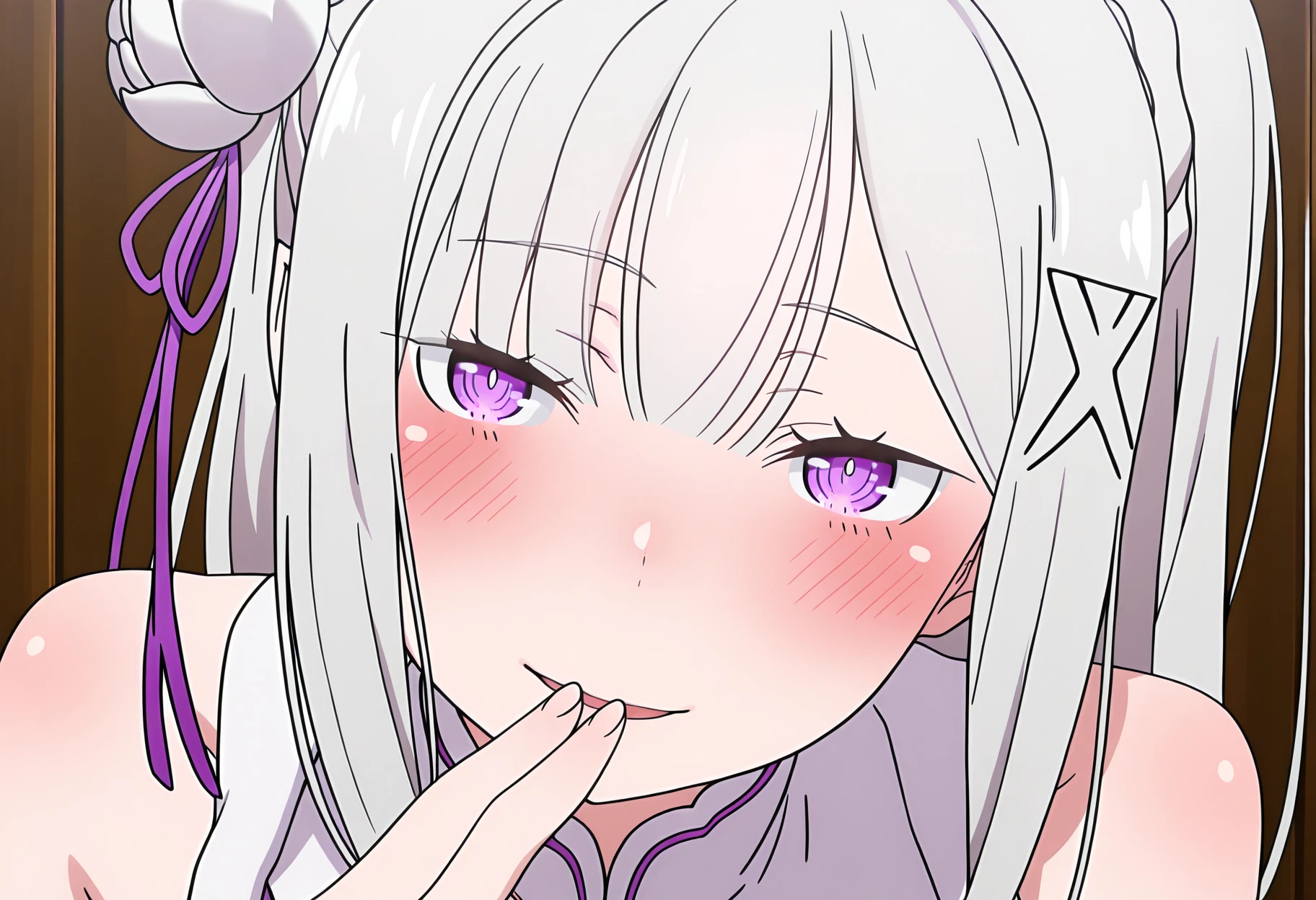 masterpiece, best quality, high resolution, source_anime, highly detailed illustration, detailed eyes,
very aesthetic, absurdres, newest, amazing quality, anime coloring, anime screencap,
1girl, solo,
<lora:shiEmiliaV12ill:1> shimilia, long hair, grey hair, purple eyes, pointy ears, crown braid, hair flower, hair ribbon, purple ribbon, x hair ornament, white dress, bare shoulders, cleavage,close-up, portrait,
<lora:shiSeduciveFingerV1ill:1.0> shisedupose, fingers to mouth, fingers to lips, looking at viewer, smile, blush, open mouth, blush, seductive smile, leaning forward,