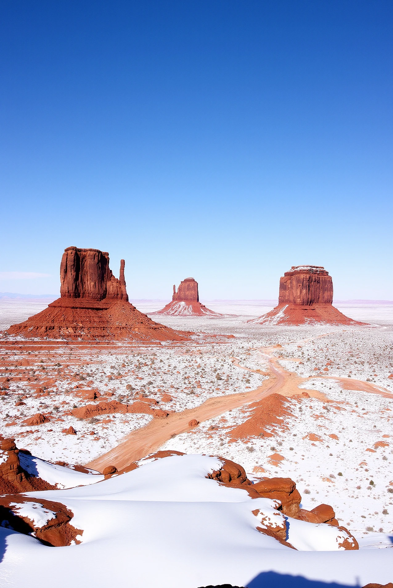 <lora:Monument_Valley:0.8> MonumentValley style.
A vast high-desert expanse blanketed in irregular snow patches unfolds beneath a brilliant winter sky, where three colossal sandstone buttes rise like sentinels of ancient earth, their sheer vertical faces casting elongated shadows across the frozen terrain. The contrast between the rich rust-red rock and the crystalline whiteness of the snow creates a vivid, almost otherworldly duality, with every crevice, ridge, and plateau accentuated by the sharp clarity of the cold light. Captured from an elevated panoramic angle, the scene stretches infinitely toward the horizon, evoking a sense of silence, isolation, and monumental scale. Hyperrealistic textures and ultra-clean color contrast elevate the natural drama of Monument Valley under a pristine blue dome, transforming the desert into a sacred winter coliseum.