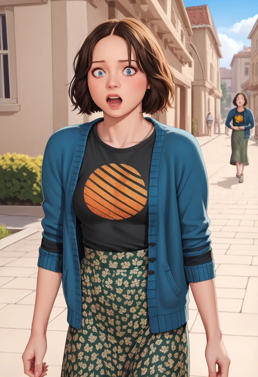 score_9, score_8_up, score_7_up,, source_anime, cute, NatalieAMCM, 1girl, short hair, wavy hair, shoulder-length hair, brown hair, blue eyes, cardigan, blue cardigan, striped sleeves, t-shirt, black shirt, printed shirt, orange print, sun symbol, sun print, long skirt, floral skirt, green skirt, high-waist skirt, ((solo)),, OutSide, Shocked, closed mouth, night