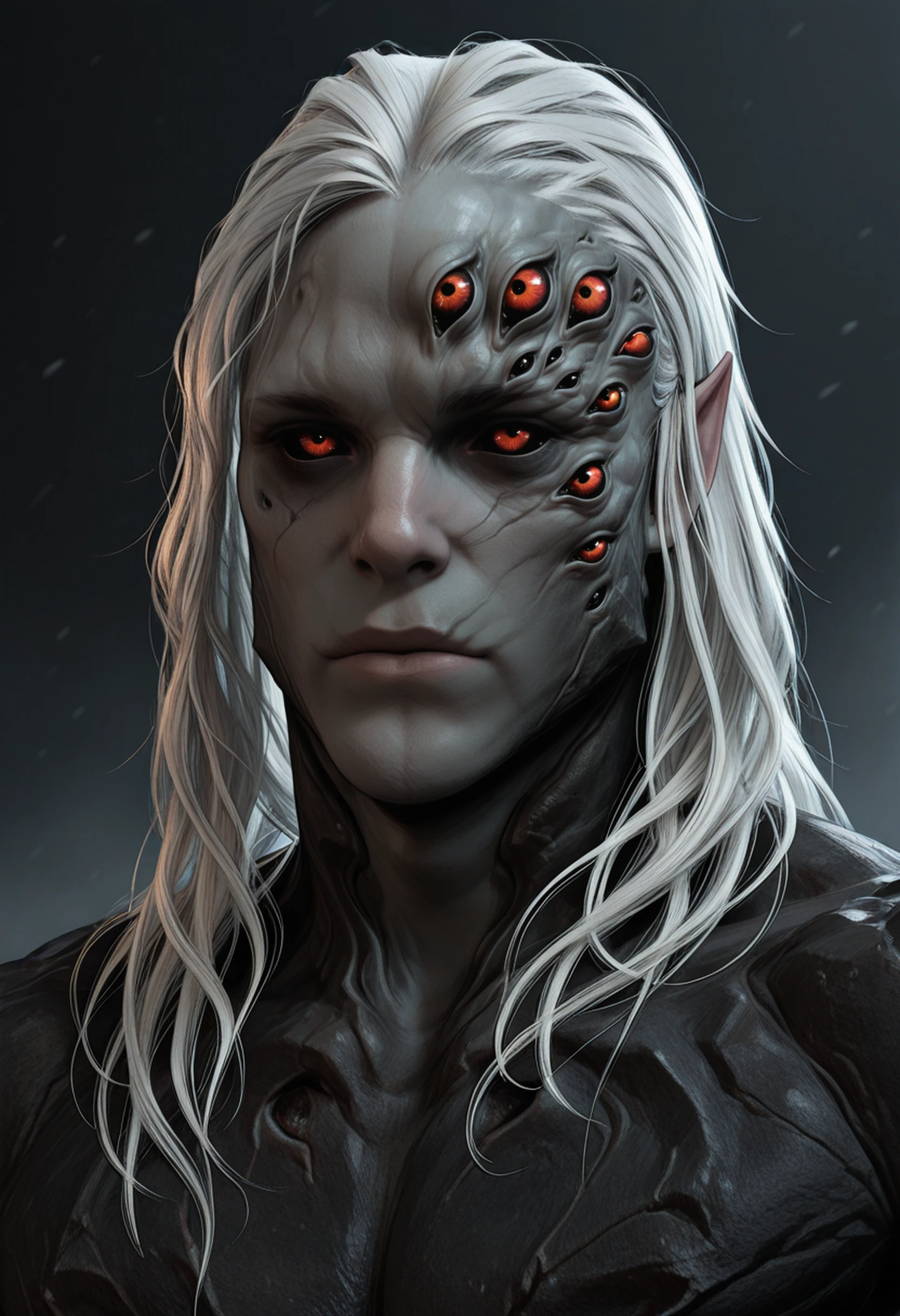 masterpiece, best quality, absurdres, highres,
<lora:ILBGKarniss:1.0>
BGKarniss, 1boy, white hair, long hair, extra eyes, gray skin, looking at viewer, portrait