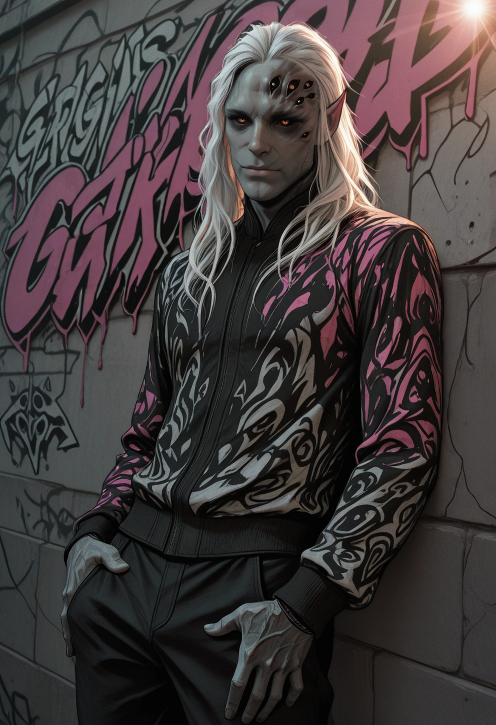 masterpiece, best quality, absurdres, highres, newest,
<lora:ILBGKarniss:1.0>
BGKarniss, 1boy, male focus, pointy ears, white hair, long hair, extra eyes, gray skin, looking at viewer, colorful outfit, leaning pose, graffiti wall, urban style, bright sunlight, lens flare