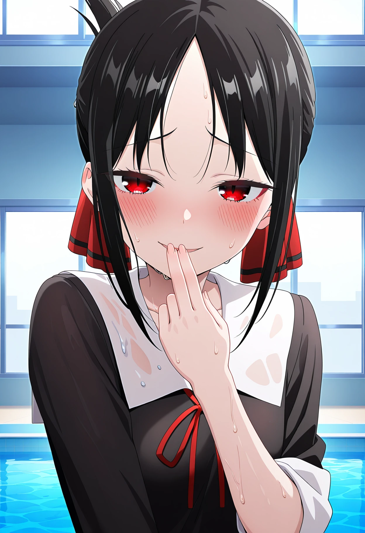 masterpiece, best quality, high resolution, source_anime, highly detailed illustration, detailed eyes,
very aesthetic, absurdres, newest, amazing quality,
1girl, solo, anime screencap, shinomiya kaguya, official art, black dress, school uniform, sweat, wet, pool, indoors,
shisedupose, fingers to lips, looking at viewer, smile, blush, open mouth, blush, seductive smile,
<lora:shiSeduciveFingerV1ill:1>