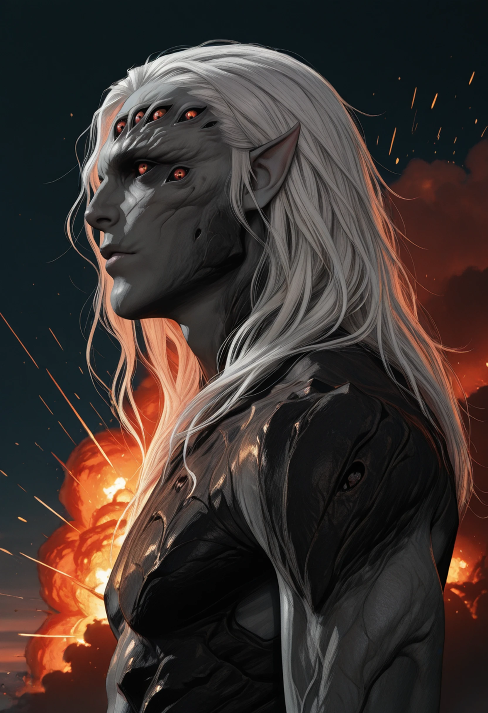 masterpiece, best quality, absurdres, highres, newest,
<lora:ILBGKarniss:1.0>
BGKarniss, 1boy, male focus, pointy ears, white hair, long hair, extra eyes, gray skin, looking at viewer, dynamic side profile, explosion of colors in sky, surreal style, dramatic composition