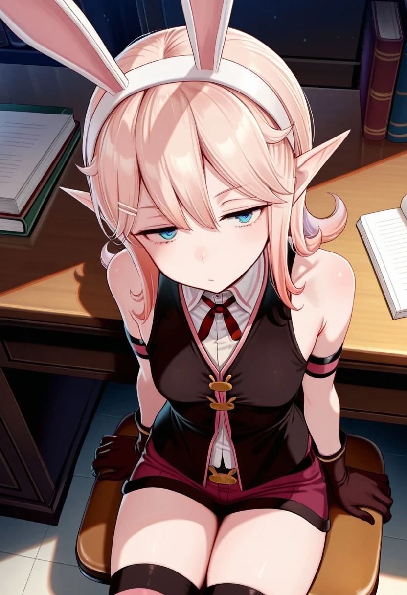 Best quality, high quality, cute femboy elf, penis bulge, One, blonde, short hair, , Beautiful purple eyes, A slight smile, short blue tavern worker dress