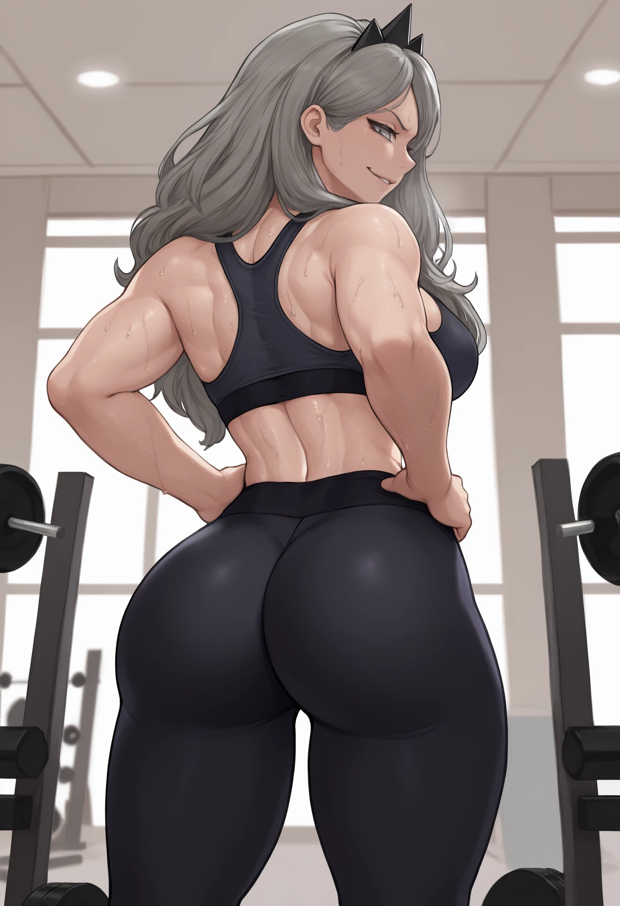 Super strong muscular woman, asian, short white hair, blue eyes, amazon, huge breasts, grey casual clothing, full bodybuilder superhero, feet together, nice ass, strong toned tanned skin abs six packed very detailed with tanned lines, brown sugar skin, lustful smirking smile face red blushed 😊