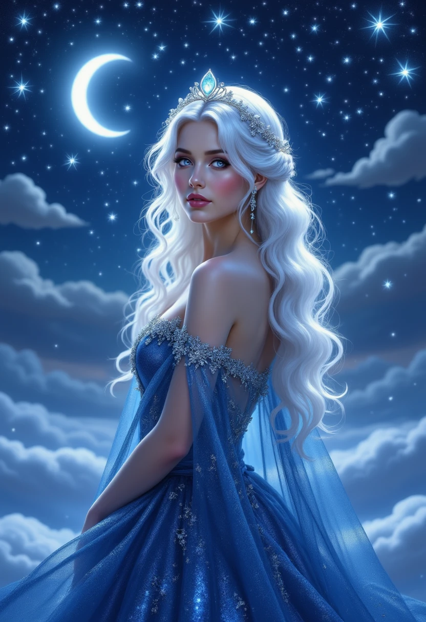 pinkhidreamfantasy A princess with waist-length silver hair styled in loose cascading waves, adorned with delicate crystal tiara. She wears a midnight-blue ball gown with silver embroidery and a flowing cape of sheer fabric, glittering like stardust. The background is a serene night sky filled with shimmering stars and glowing constellations, with a crescent moon casting a soft, ethereal light.