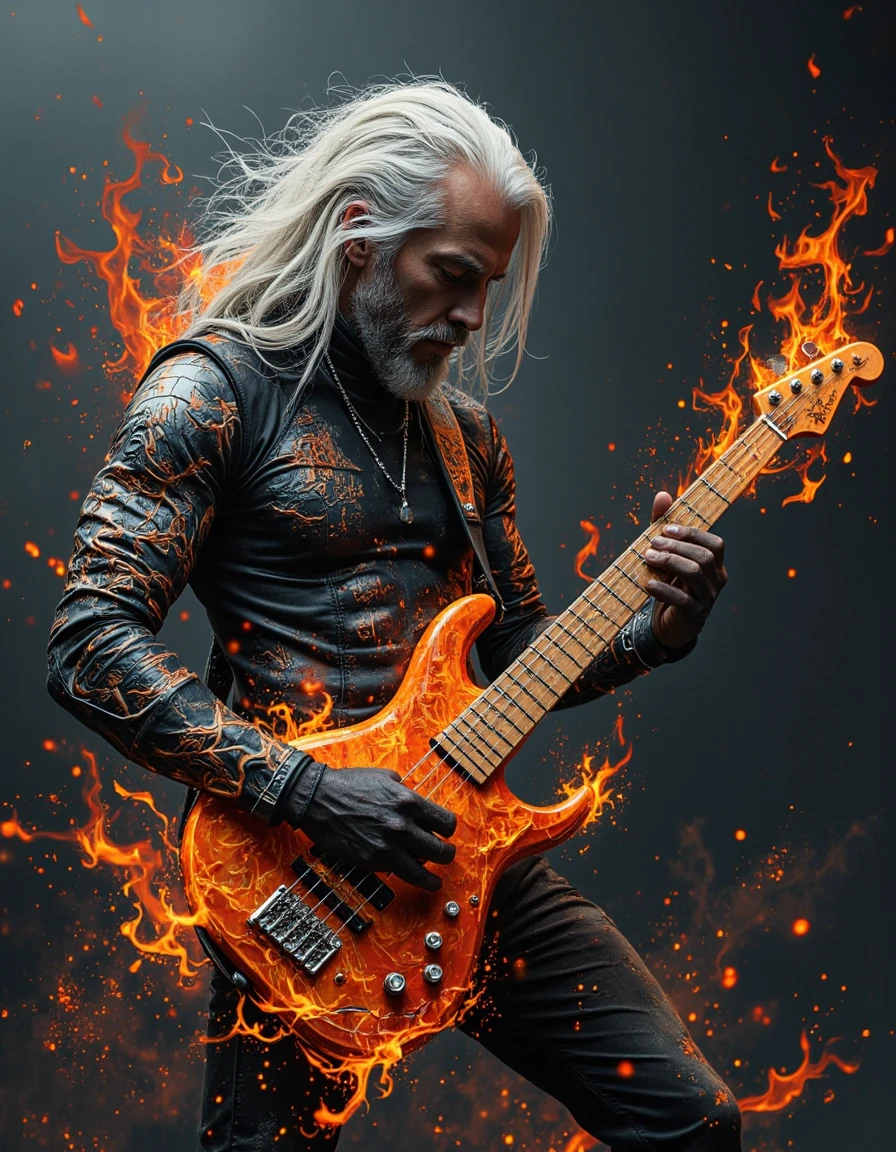 surreal,abstract,rsmls,bass player playing metal music,fire,8k,ultra detailed