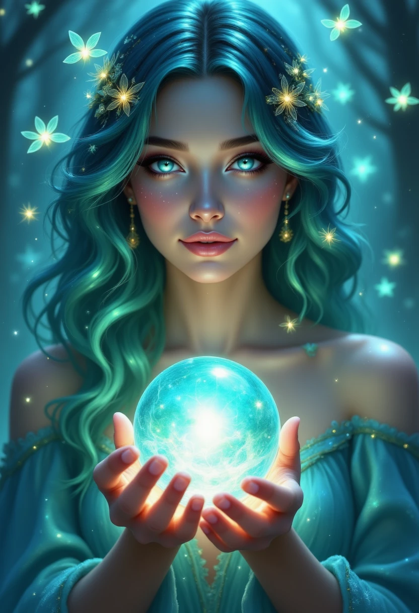 pinkhidreamfantasy, A woman with shimmering teal hair, holding a crystal orb, surrounded by floating fireflies and soft twilight hues; detailed and intricate.