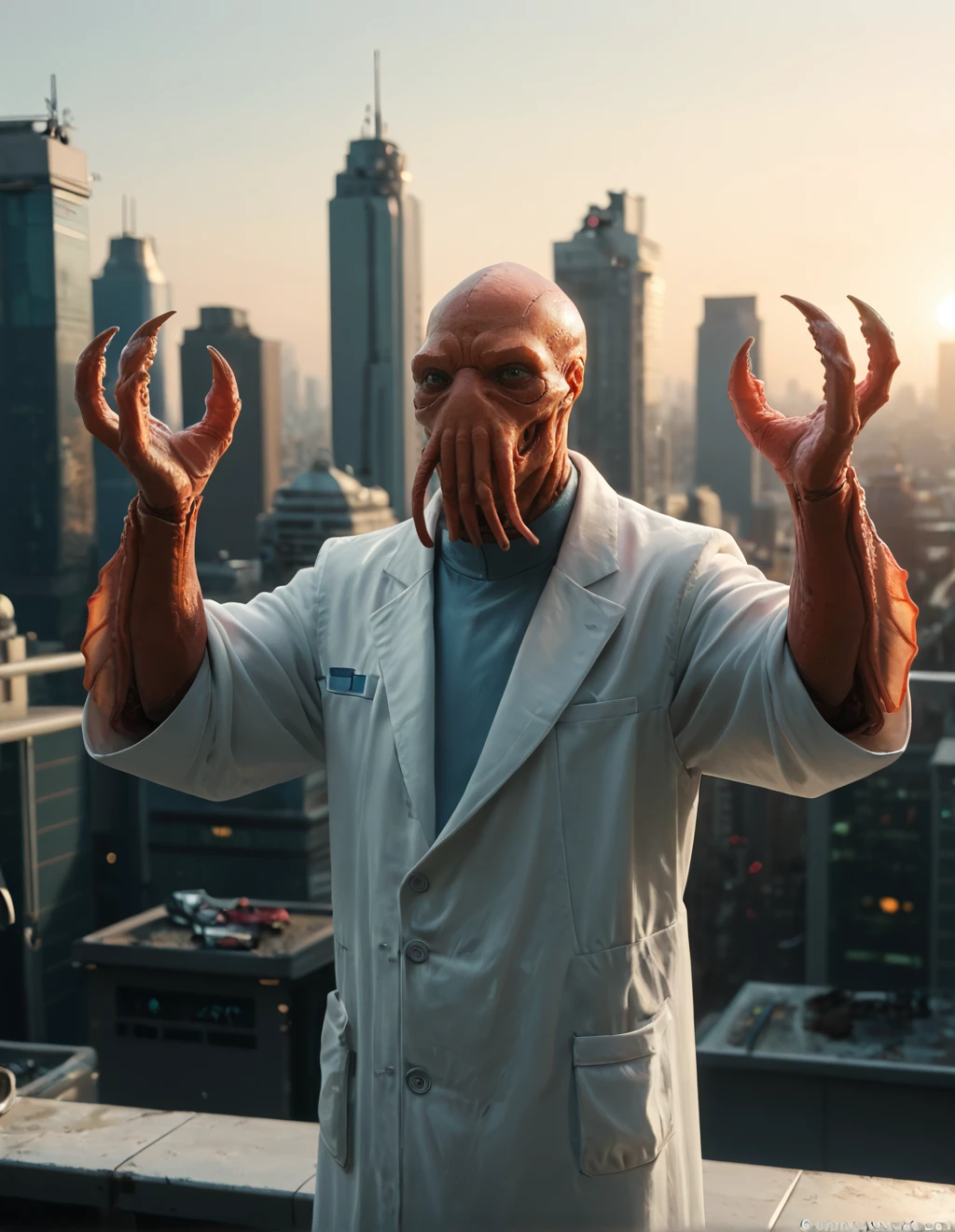 score_9, score_8_up, score_7_up, z01db3rg, alien, lab coat, tentacles, outdoors, cyberpunk, cityscape, rooftop, hands raised, claws
<lora:zoidberg-Pony-v2:1>