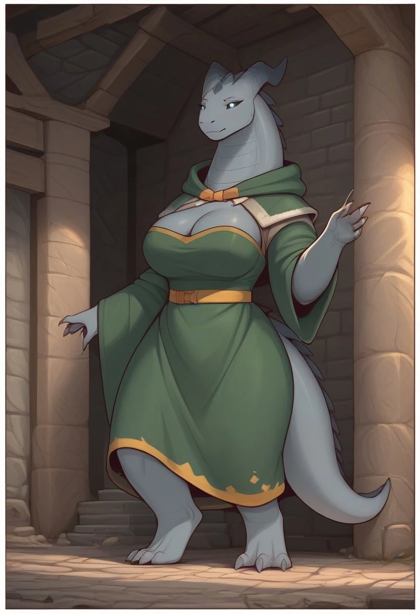 Solo, standing, female, grey fox, silver fur, green hair, green eyes, frowning, unamused, annoyed, looking down at viewer, by buta99, by bigcozyorca, by goonie-san, silver gown, silver jewelry, ((snout)), silver palace, green shoulder cape, silver body piercings,