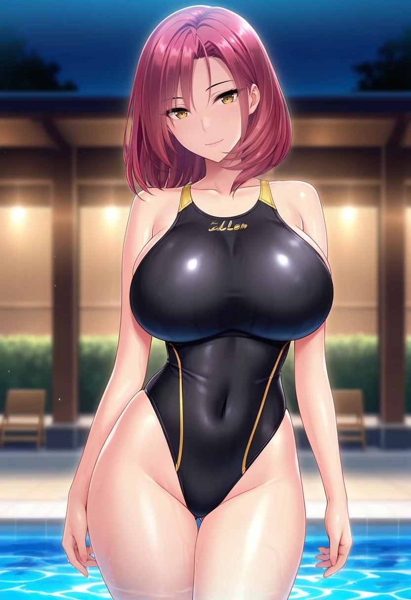 1girl, large breasts, breasts, wide hips, thick thighs, purple hair, short hair, very short hair, yellow eyes, one-piece swimsuit, blue swimsuit, competition swimsuit, black one-piece swimsuit, light smile, smile, hourglsss figure, toned, toned female, tall, tall female
