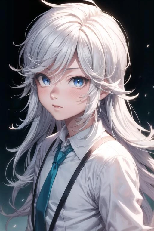 masterpiece, best quality, high quality, 1boy, solo, male focus, looking at viewer, upper body, <lora:akira_kemono_jihen:0.58>, akira_kemono_jihen, long hair, blue eyes, white hair, , formal, necktie, dress shirt