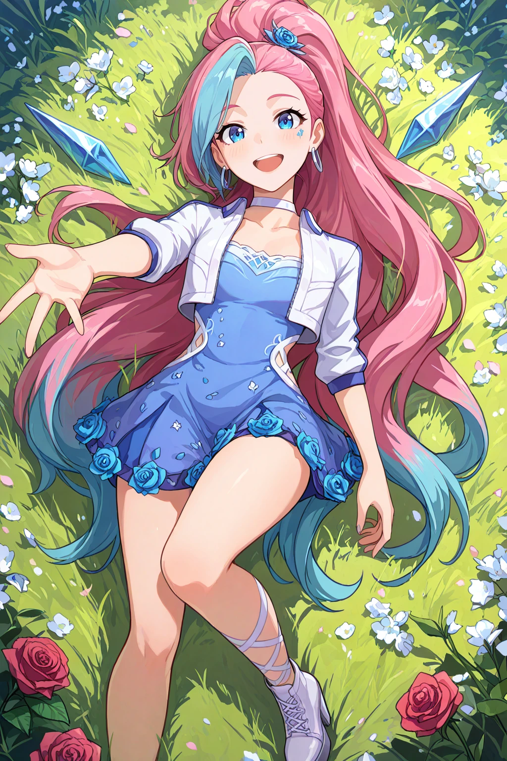 masterpiece, good quality, best quality, very awa, very as2, absurdres, highres
<lora:KDASeraRisingStarilluLoRA:1>KDASeraRisingStar, multicolored hair, short hair, ponytail, hair ornament, asymmetrical bangs, blue eyes, mark under eye, star (symbol), Hoop earrings, choker, cropped jacket, short sleeves, short dress, Flower, rose, asymmetrical legwear, cross-laced legwear, platform footwear, cross-laced footwear, Crystal, cherry blossoms, lying, on back, happy, reaching towards viewer, flower field, from above,