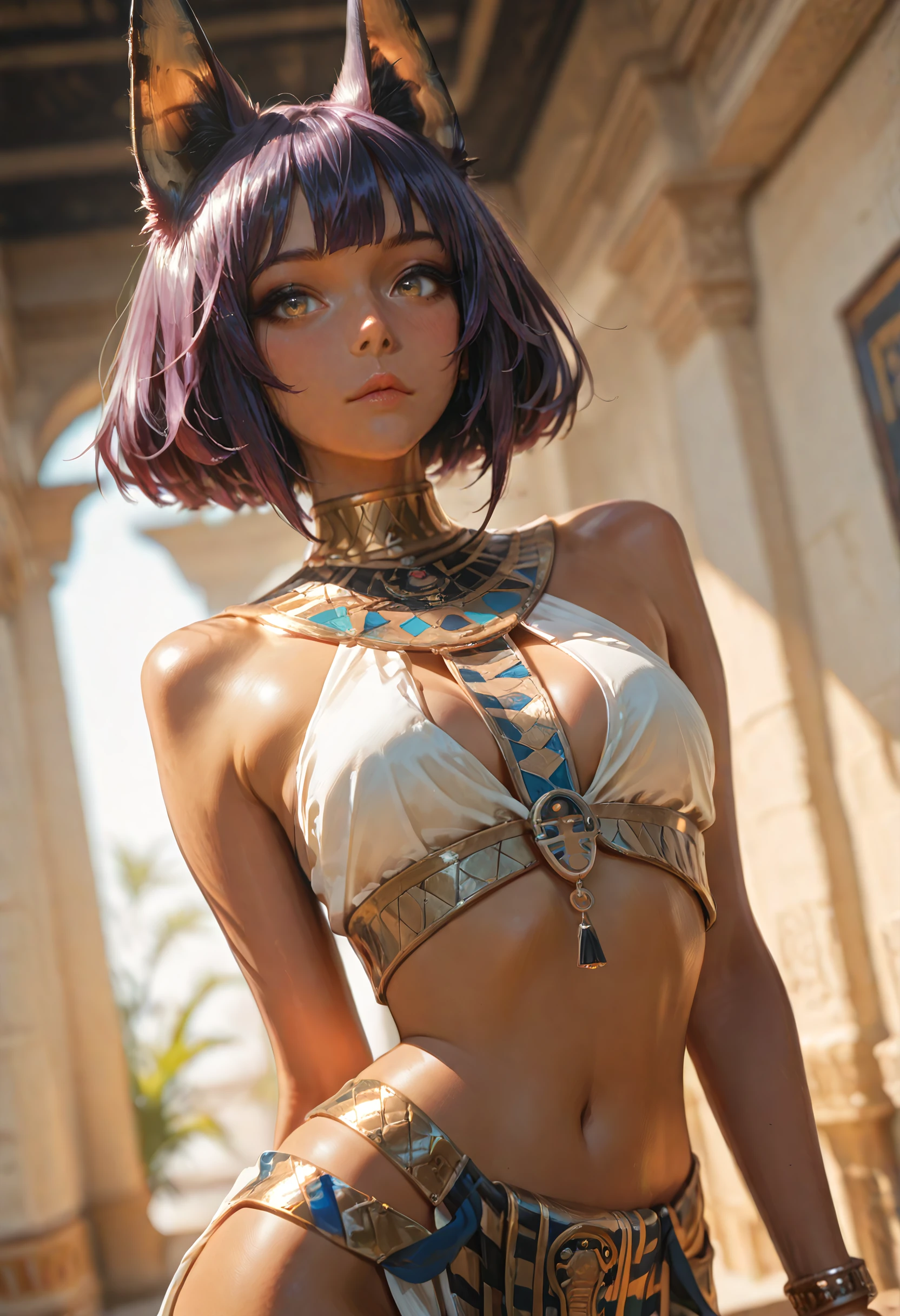 1girl, jewelry, purple hair, flowing hair, long hair, white roses, firefly, Egypt architecture, frills, gold details on her clothes, oasis, seat on the water, a garden with lake scenery, more details, strapless, masterpiece, best quality, detailed face, night, asymmetrical gloves, bangs, short skirt , gloves, boots, earrings, elbow gloves, looking at viewer, sparkle, uneven gloves, sitting