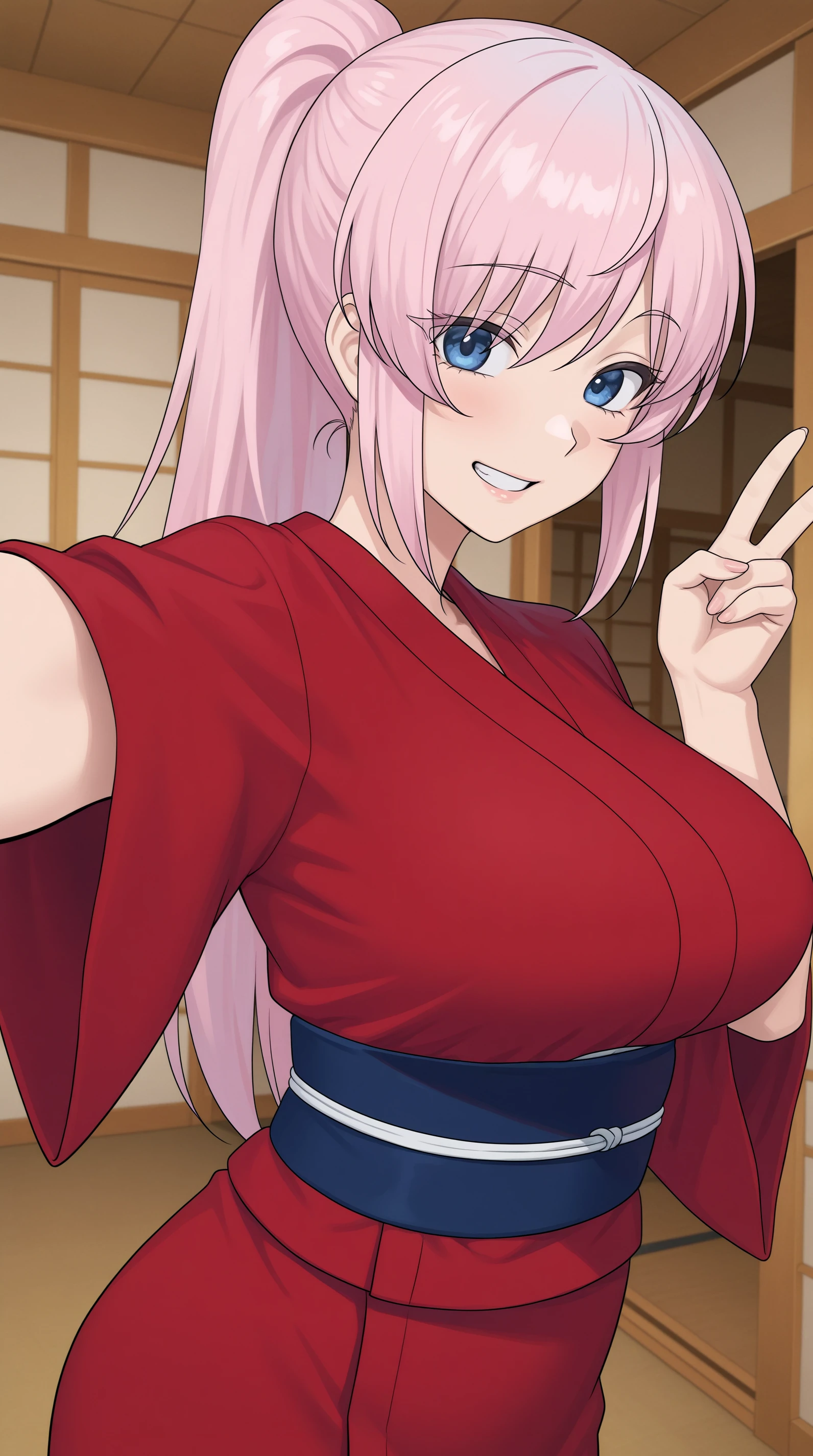 masterpiece、highest quality、1girl , huge breasts、deep cleavage、light pink hair、ponytail、brightly colored eyes、red eyes、glasses、japanese green kimono、charm、Wet、face turns red, very sweaty, dynamic pose、mesugaki、room