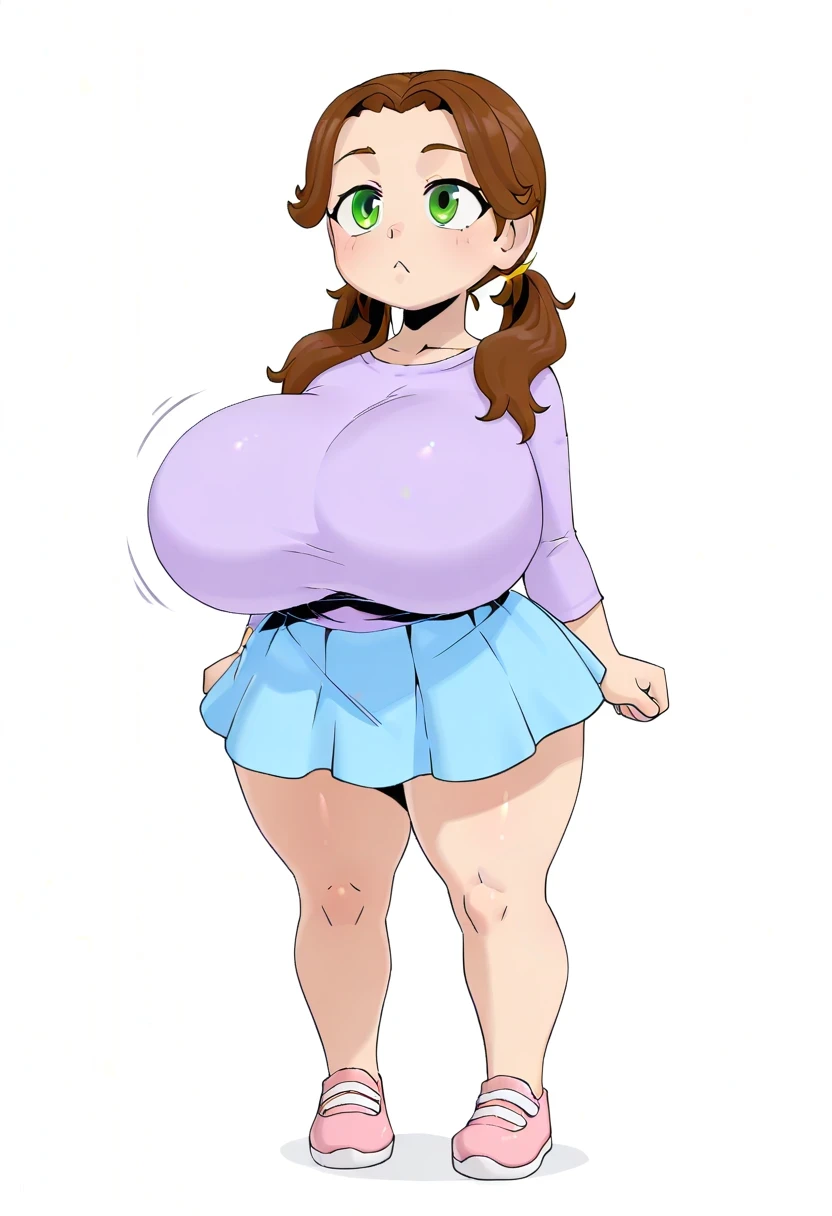 ((best quality)), ((masterpiece)), (detailed), Undertale Frisk, brown hair, (brown shorts:1.3), bob cut, short hair, black pantyhose, (blue shirt:1.3), yellow eyes, (1girl:1.3), (solo:1.3), striped, striped shirt, (large breasts:1.6)