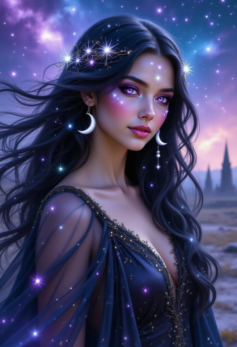 pinkhidreamfantasy  A mystical woman with flowing midnight-black hair laced with silver strands, resembling the Milky Way. Her violet eyes are framed by long dark lashes, and she wears a sheer, starry cloak that glows softly. Crescent moon charms dangle from her ears, and behind her, a vast cosmic landscape of swirling nebulae and ancient temples stretches infinitely.
