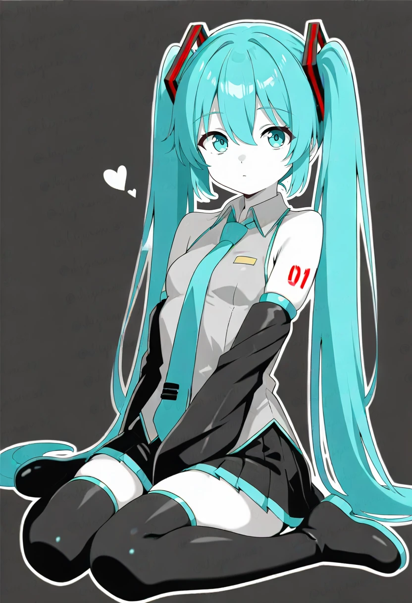 1girl, hatsune miku, solo, twintails, long hair, necktie, skirt, detached sleeves, heart, thighhighs, sitting, boots, shirt, very long hair, thigh boots, looking at viewer, sleeveless, simple background, tattoo, black background, pleated skirt, sleeveless shirt, black skirt, aqua eyes, full body, breasts, collared shirt, zettai ryouiki, hair between eyes, bangs, bare shoulders, limited palette, thighs, wariza, shoulder tattoo, aqua hair, expressionless, outline, small breasts, miniskirt <lora:shiguren39XL_il1_lokr_V6311P:0.95>